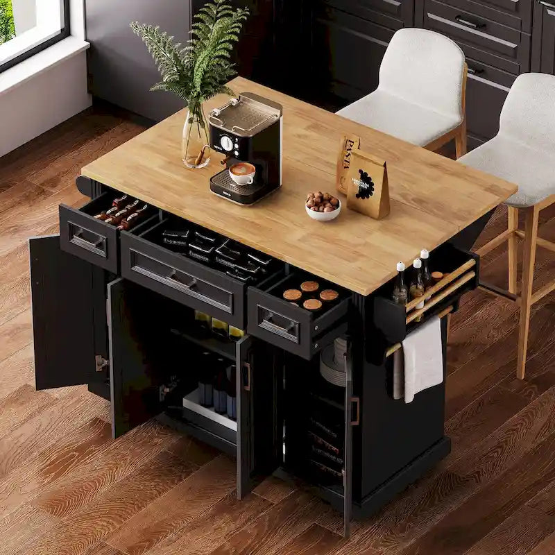 54 Large Kitchen Island with Rubber Wood Drop Leaf, Embossed Texture Rolling Kitchen Cart on 4 Wheels with 4 Doors & 3 Drawers