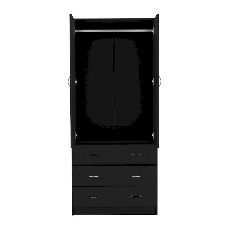 19 Modern Double-door Armoire with 3 Drawers and 1 Hanging Rod for Bedroom