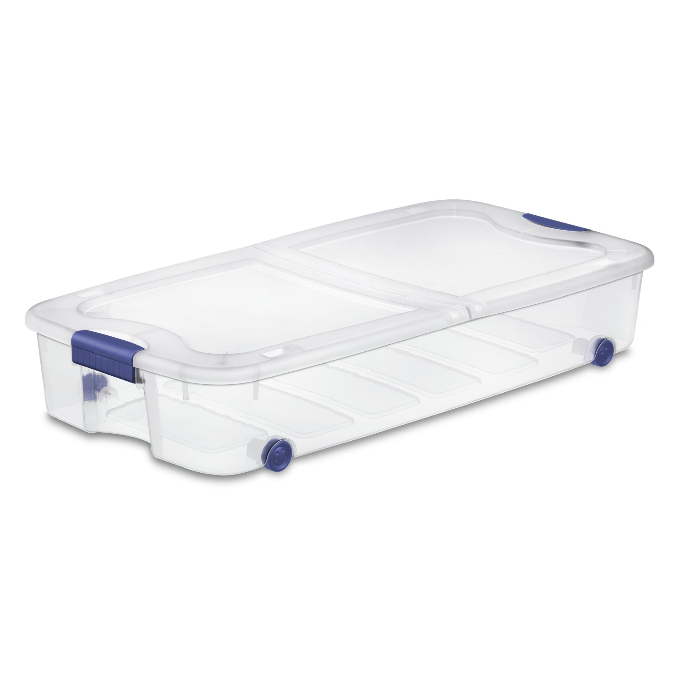 66 Quart Latching Underbed Wheeled Storage Bin, Clear Plastic Storage Container with Latch Lid, Blue