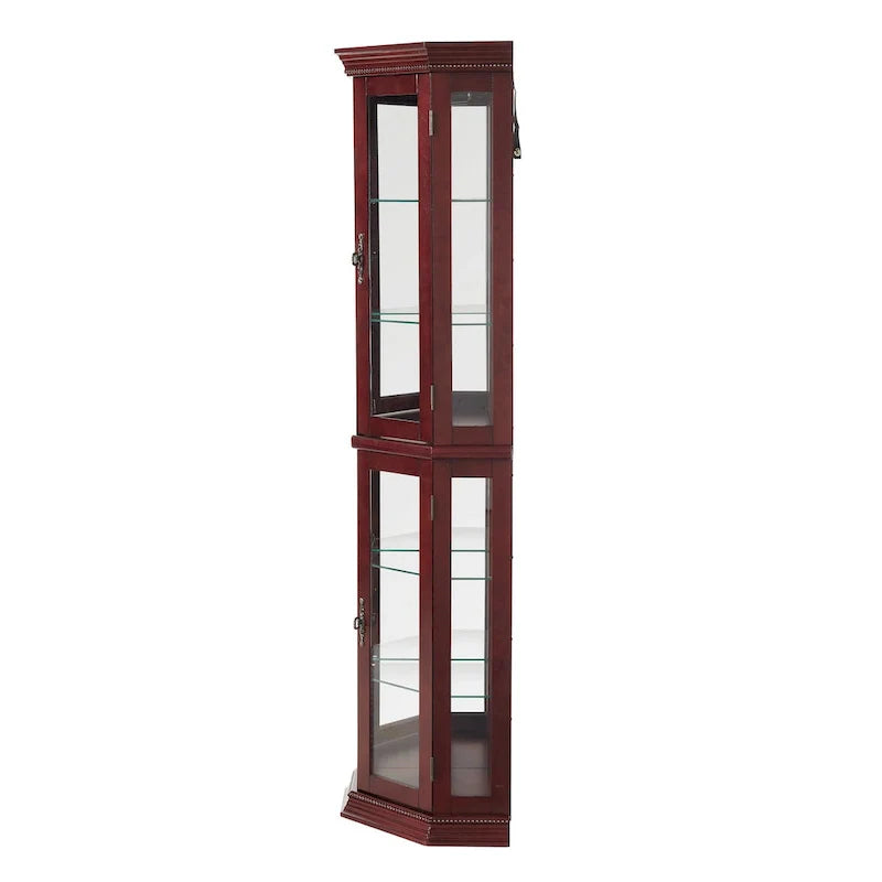 Corner Curio Cabinet with Lights, Adjustable Tempered Glass Shelves, Mirrored Back, Display Cabinet