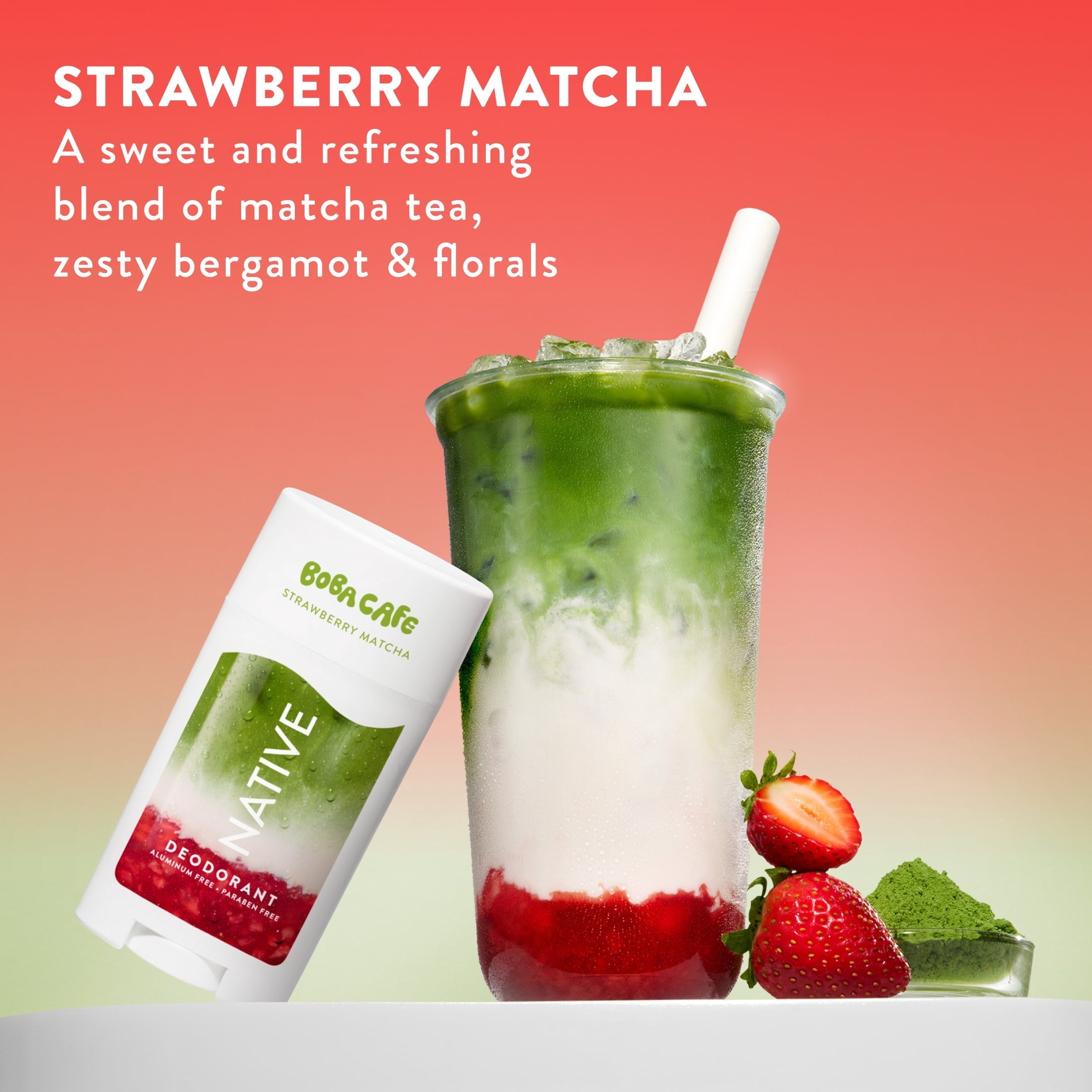 Aluminum Free Deodorant, Limited Edition Strawberry Matcha, 72 Hour Odor Protection, for Women and Men, Boba Café, 2.65oz