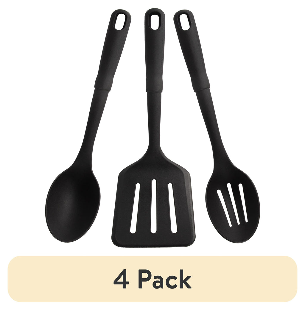 (4 pack) 3-Piece Kitchen Utensil Set, Slotted Spatula, Slotted Spoon and Solid Spoon, Black, Nylon