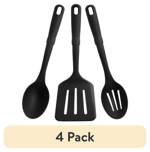 (4 pack) 3-Piece Kitchen Utensil Set, Slotted Spatula, Slotted Spoon and Solid Spoon, Black, Nylon