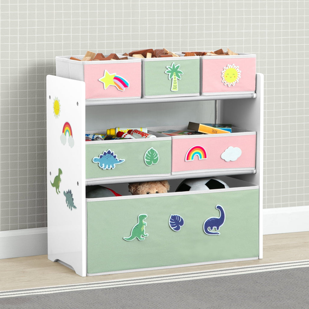 Design & Store 6 Bin Toy Storage Organizer with Interchangeable Patches, Green/Pink