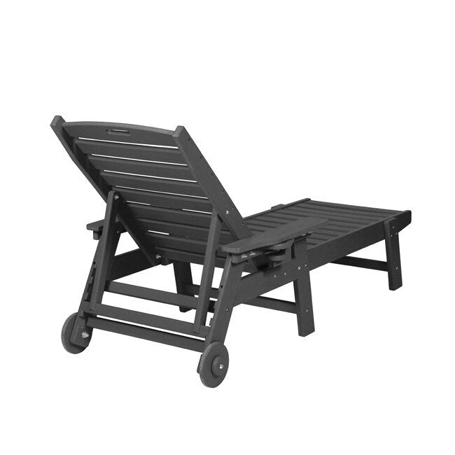 3-Piece Patio Set 2 Oversized Chaise Lounges (5-Position, Wheels, Cup Holder) + Side Table, All-Weather Wood Texture.