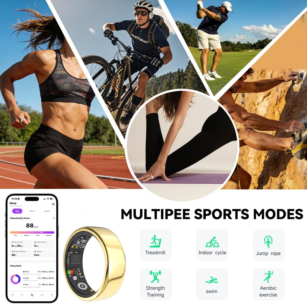 Fitness Tracking Ring, 7-Day Battery, Heart Rate Sleep Monitor, No Subscription, IP68 Waterproof, Stainless Steel - Size 7, Black