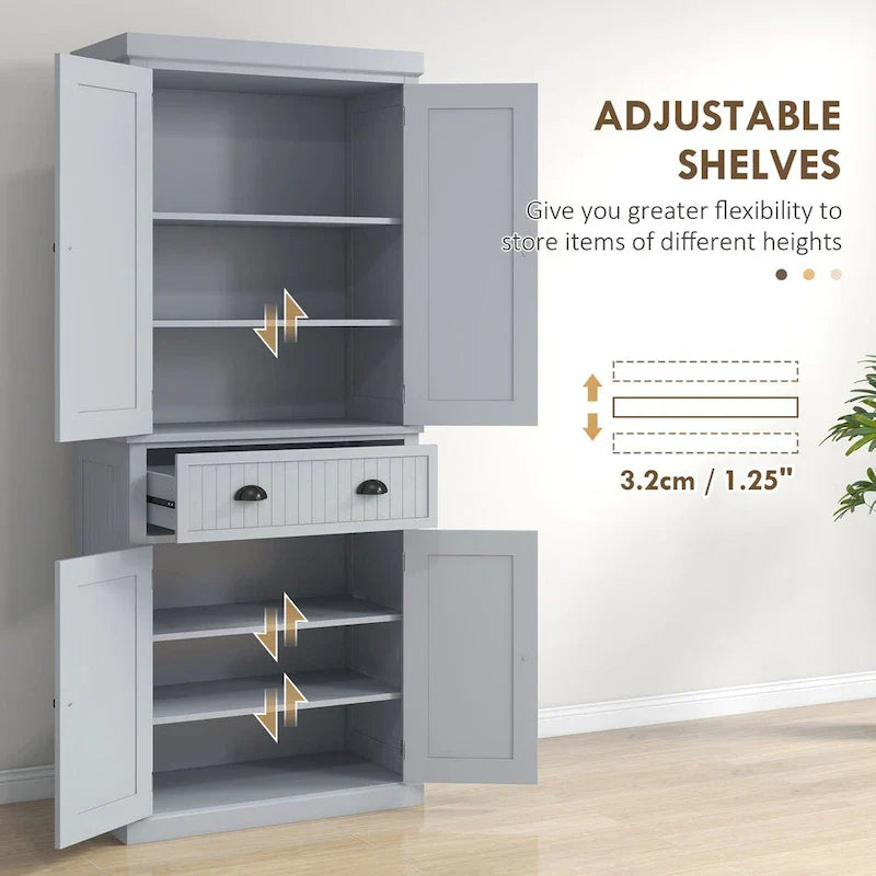 72 Kitchen Pantry Storage Cabinet, Traditional Freestanding Cabinet with 4 Doors and 3 Adjustable Shelves, Large Central Drawer