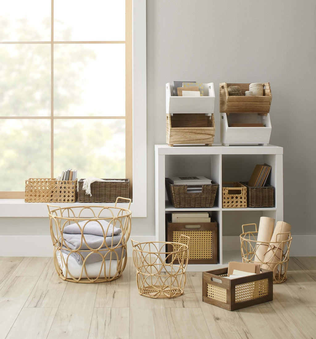 Better Homes & Gardens 2-Piece Set Natural Wood Stacking Open Front Decorative Storage Bins, 11 in x 16.5 in x 10 in