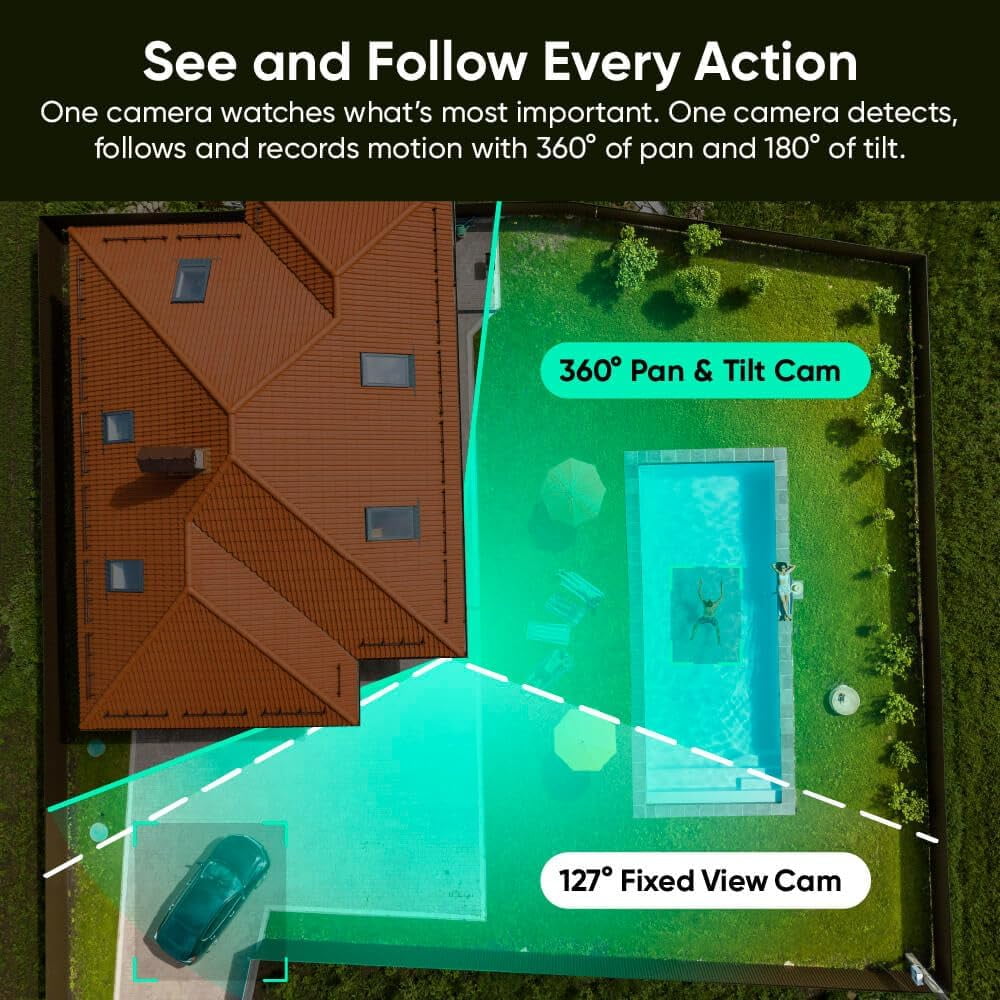 Duo Cam Pan Indoor/Outdoor Smart Security Camera 2K IP65 360° Pan/Tilt with Color Night Vision and Spotlight