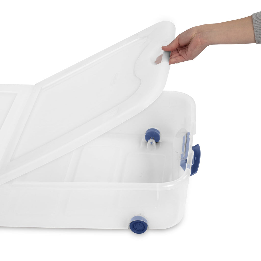 66 Quart Latching Underbed Wheeled Storage Bin, Clear Plastic Storage Container with Latch Lid, Blue