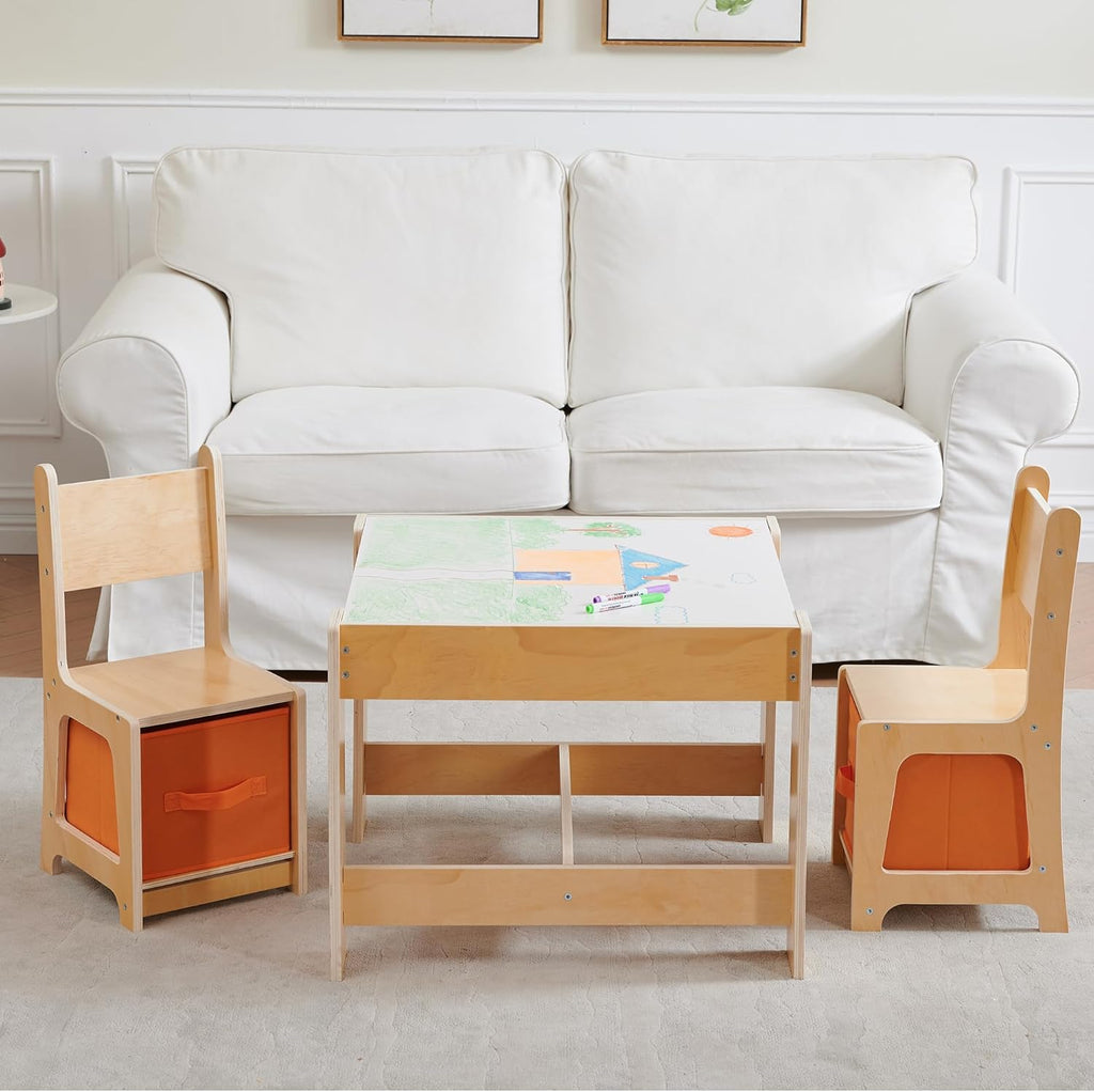 Wooden Kids Table and Chair Set, 3 in 1 Activity Table with Storage Drawer, 2 in 1 Detachable Tabletop Construction Play Table Set for Drawing, Reading
