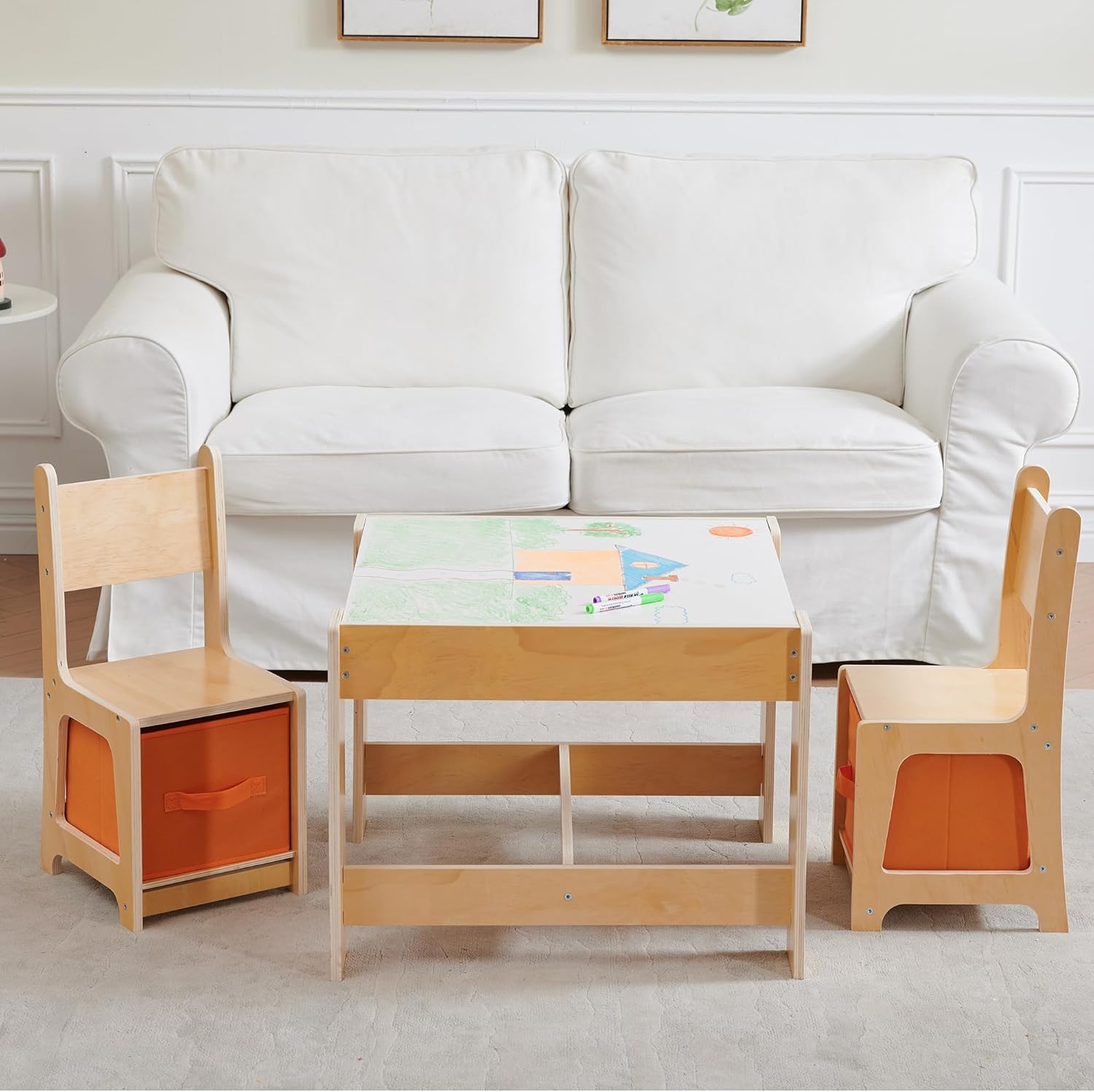 Wooden Kids Table and Chair Set, 3 in 1 Activity Table with Storage Drawer, 2 in 1 Detachable Tabletop Construction Play Table Set for Drawing, Reading