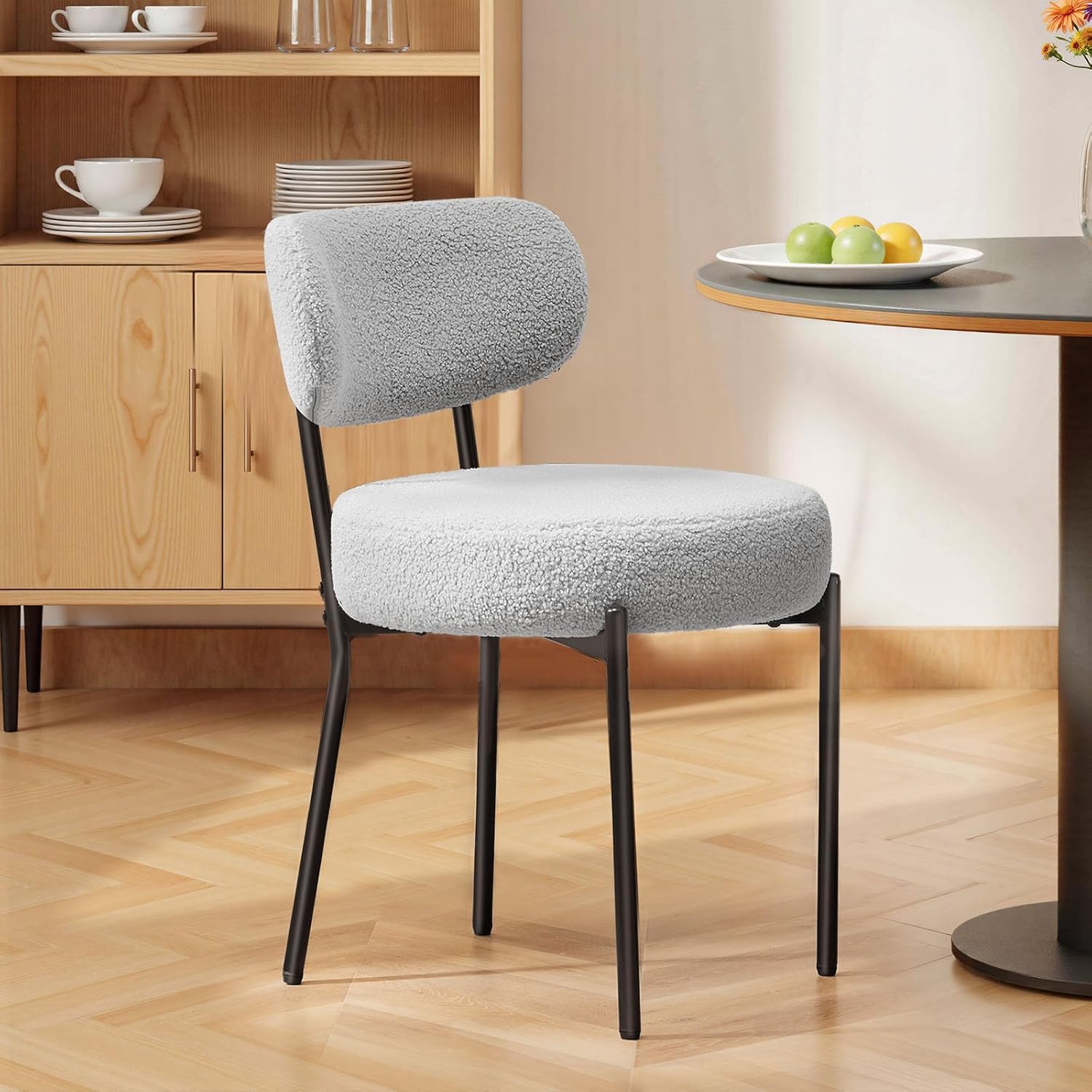 DUMOS Dining Chairs Set of 4, Mid Century Modern Chair Round Upholstered Curved Backrest, Kitchen Vanity Living Room Chairs with Black Metal LegsClassic Grey