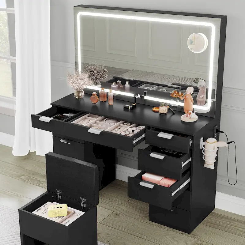 Moasis 46 Vanity With Built-in Socket With Illuminated Mirror and Hair Dryer Rack - 55.8 H X 46 W X 11.7 D