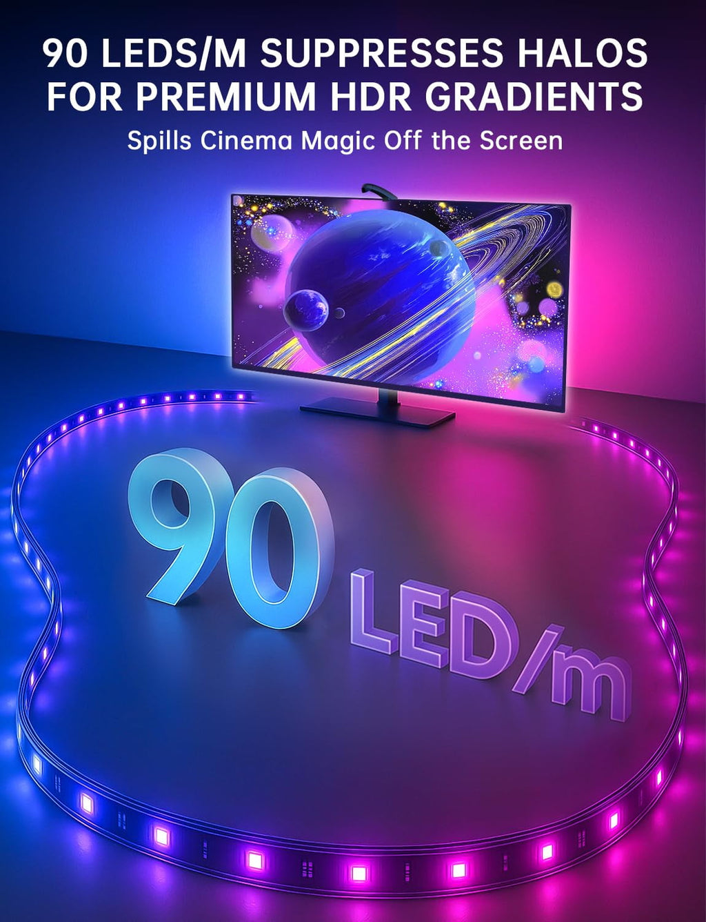14.76ft TV LED Backlight with Screen Sync Sensor, App Control RGB Strip for 55-65" TVs, Game & Movie Color Changing