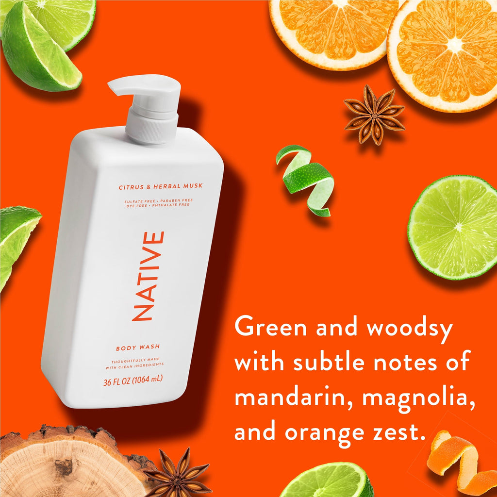 Body Wash, Citrus & Herbal Musk, Sulfate Free, Naturally Derived Ingredients, 24hr Freshness, for Women & Men, 36 fl oz