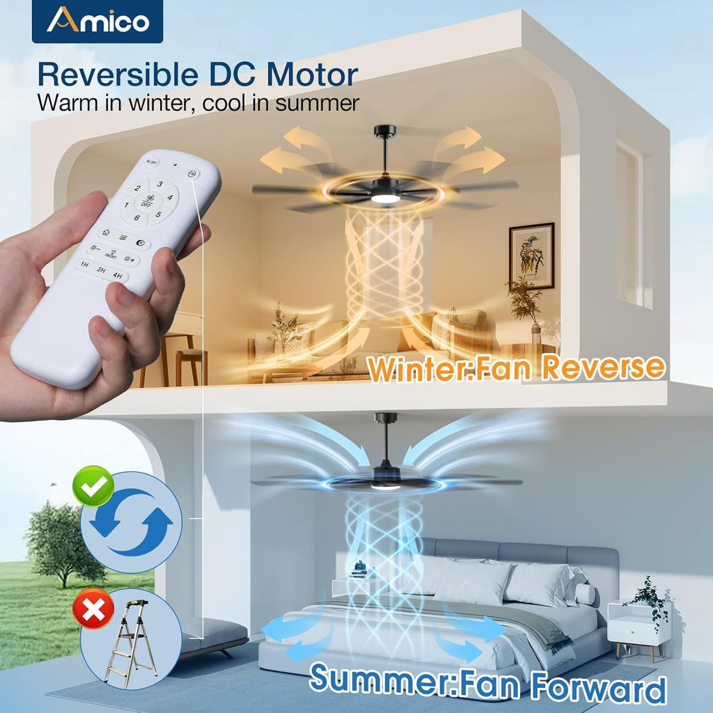Amico Ceiling Fans with Lights,66 inch Black Ceiling fan with Light and Remote, 6 Speed Reversible DC Motor, 3CCT, Dimmable, Quiet, Timer, Large Modern Ceiling Fan for Living room, Indoor/Outdoor