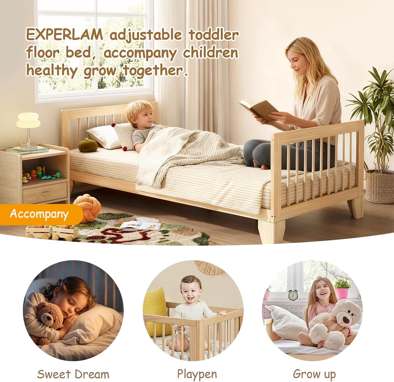 EXPERLAM Montessori Toddler Bed - Variable Twin Toddler Bed Frame with Removable Fences, Legs and 10 Board Slats, Toddler Floor Bed with Sturdy Wooden, Floor Bed for All Ages Kids, Bedroom, Livingroom