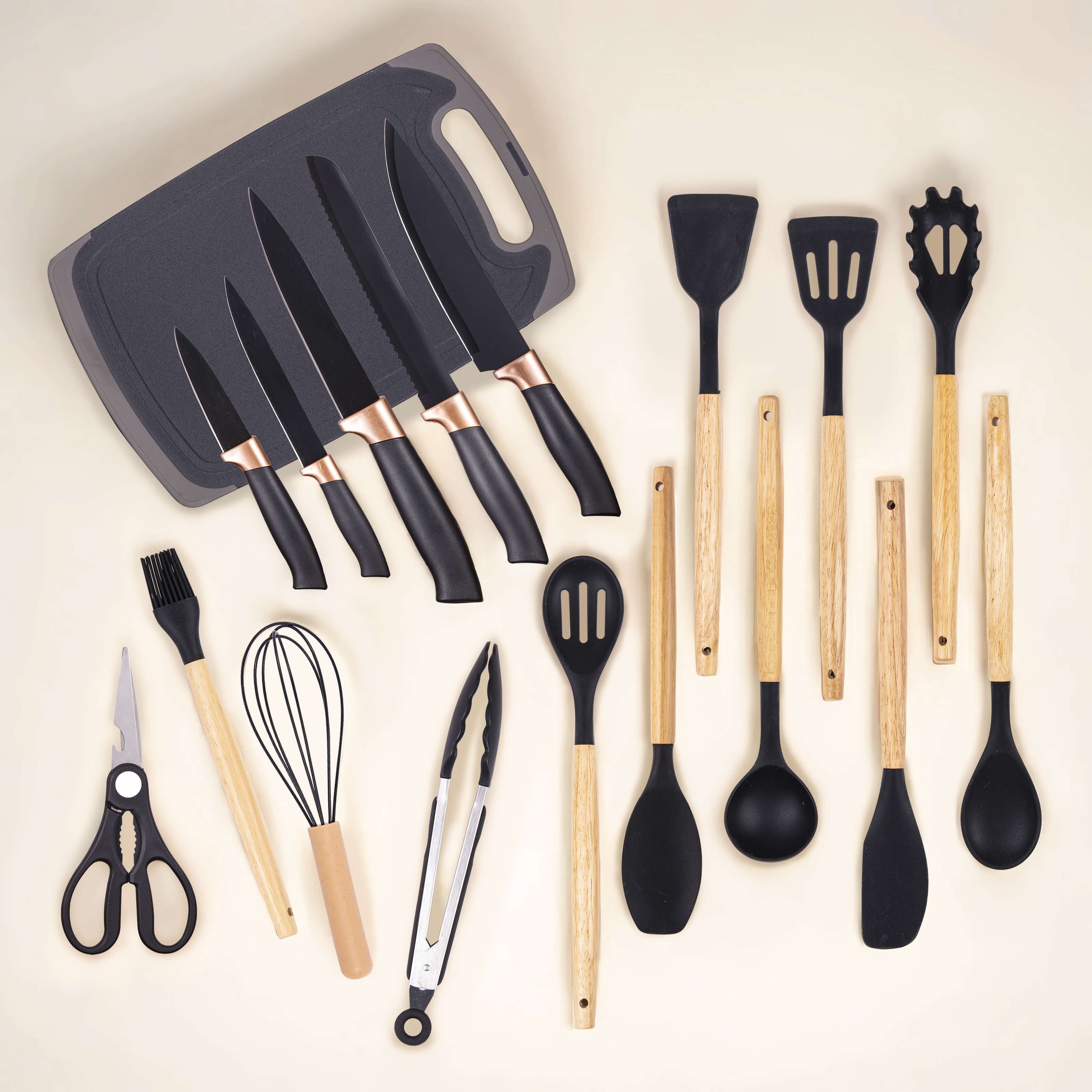 19-Piece Silicone Kitchen Utensil & Knife Set - Heat-Resistant Cooking Tools Non-Stick Safe Gift for Mom or Women Black