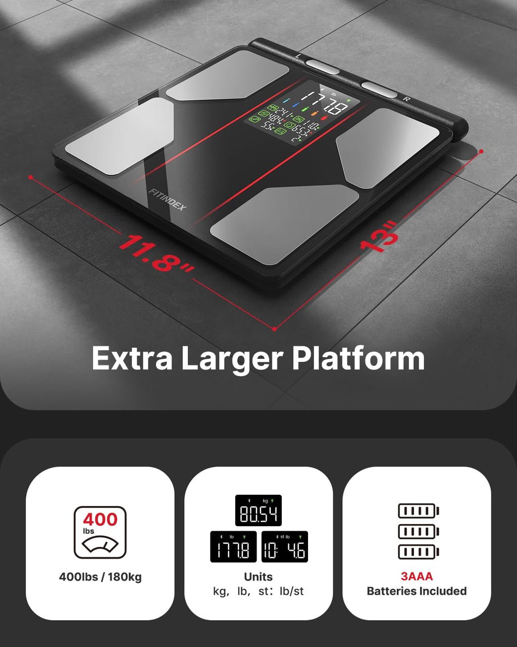FITINDEX Smart Scale for Body Weight, [2026 Upgraded], Body Composition Analyzer with 8-Electrode Large Platform for Weight, BMI, Fat, Muscle Mass, Segmental Muscle Analysis, High Precision, 400 lbs