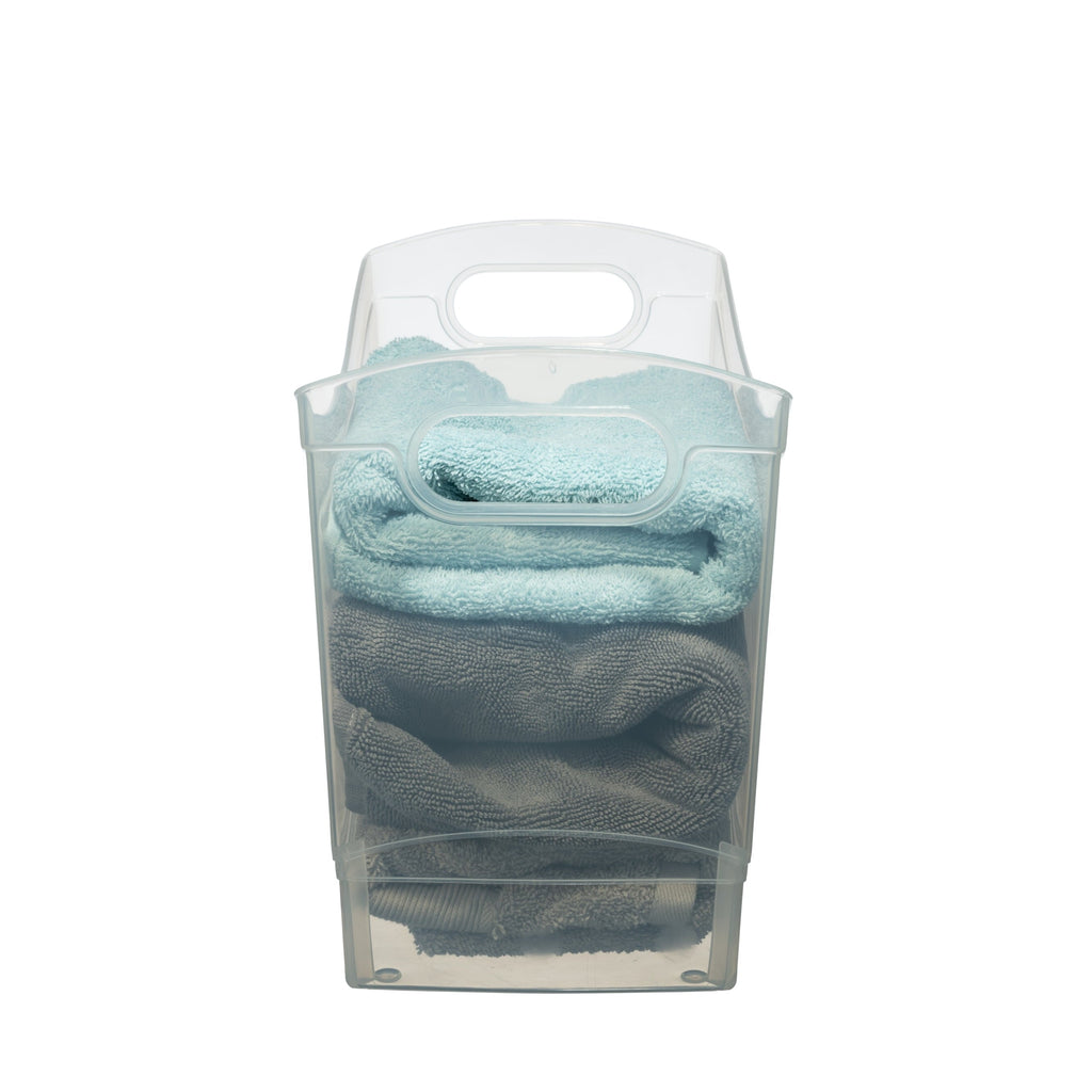 12 Qt Clear Plastic Storage Bin Organizer with Carrying Handles, Narrow Rectangular Utility Container for Pantry, Closet, Cabinet and Shelf Storage