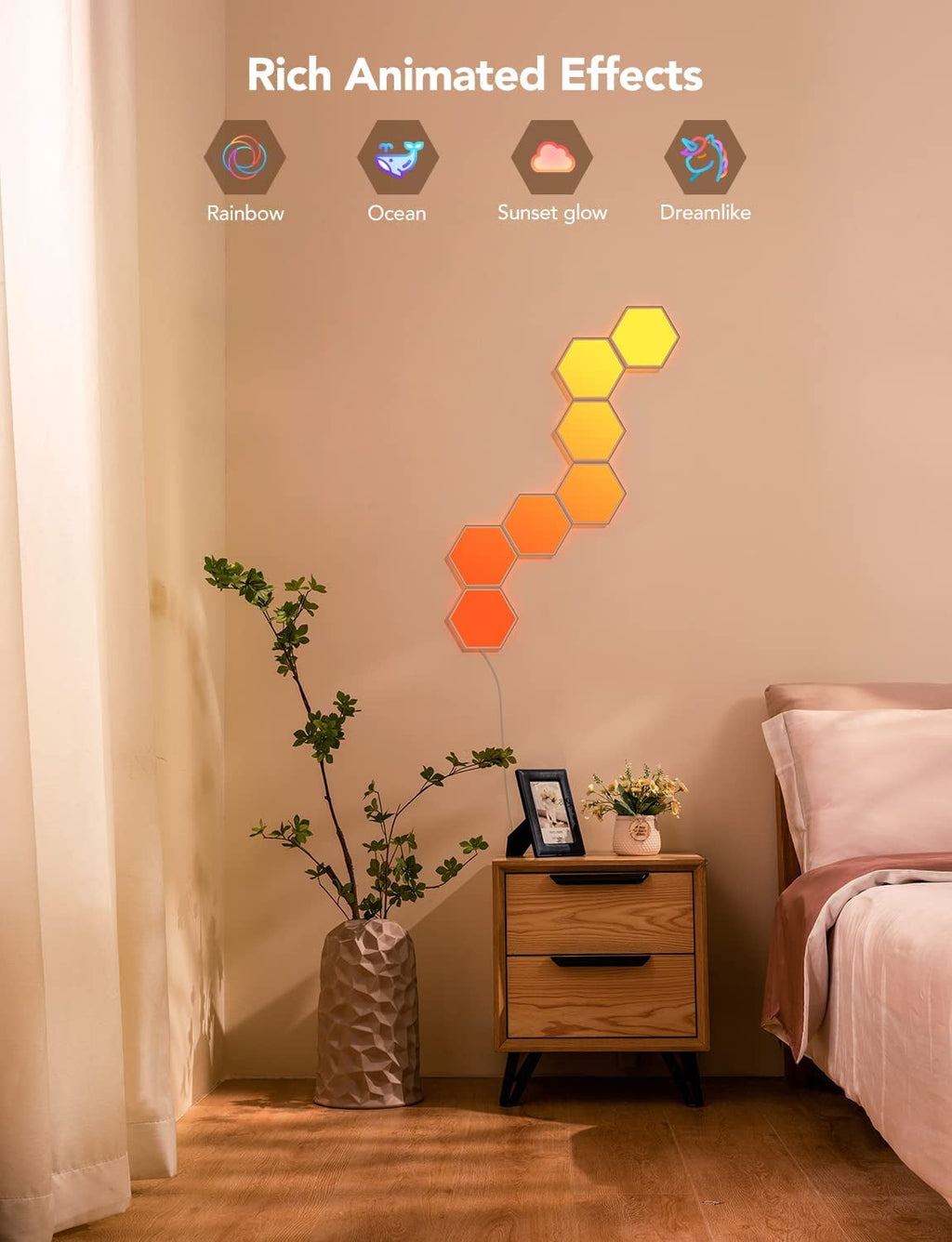 Glide Hexa White Transparent Shell Dimmable LED Wall Lights For Gaming, Support Alexa, Google Assistant And Home App,Bedroom Decor,7 Count