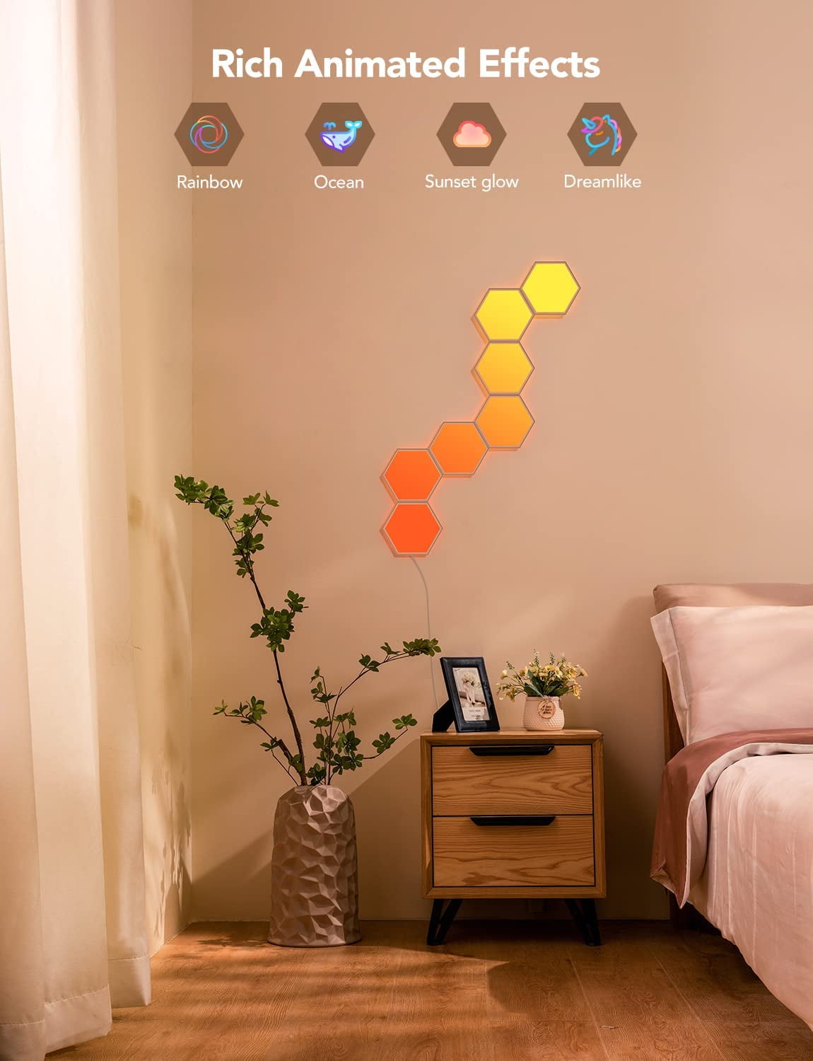 Glide Hexa White Transparent Shell Dimmable LED Wall Lights For Gaming, Support Alexa, Google Assistant And Home App,Bedroom Decor,7 Count