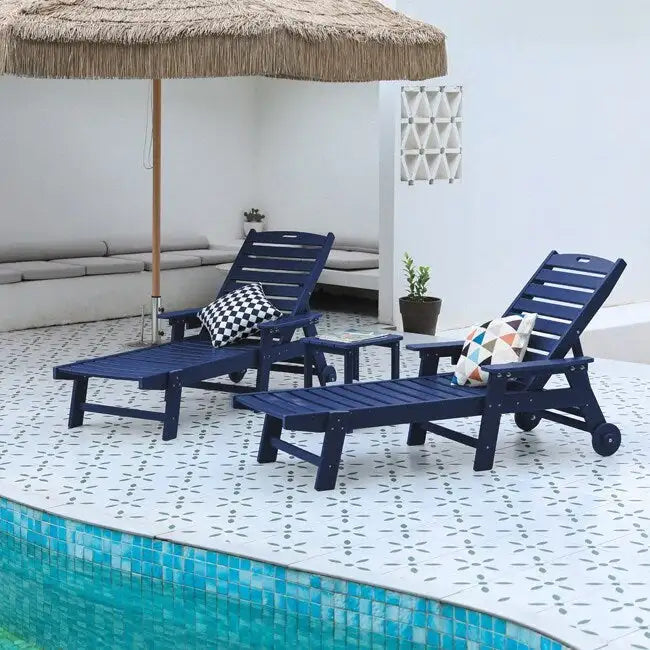 3-Piece Patio Set 2 Oversized Chaise Lounges (5-Position, Wheels, Cup Holder) + Side Table, All-Weather Wood Texture.