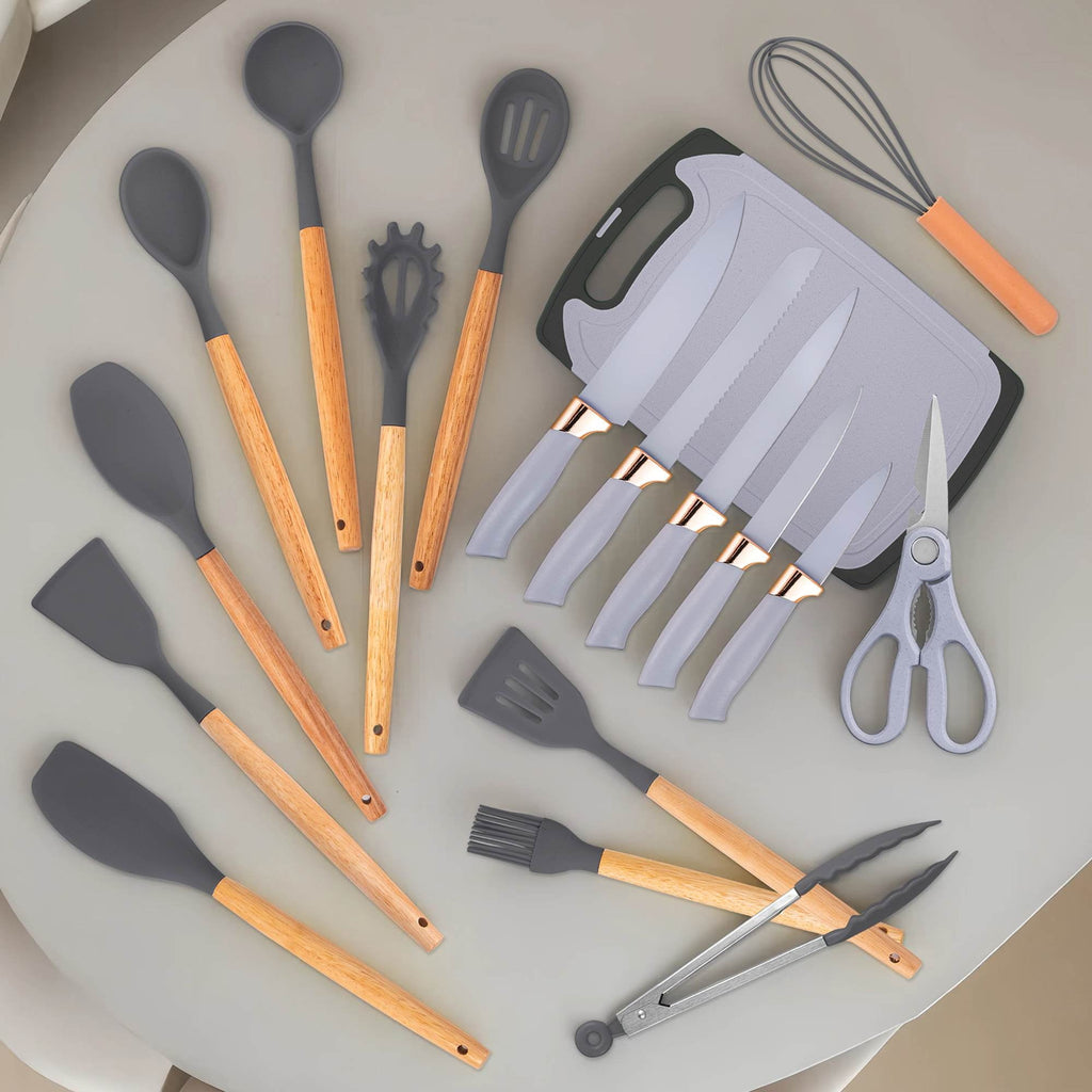 19-Piece Silicone Kitchen Utensil & Knife Set - Heat-Resistant Cooking Tools Non-Stick Safe Gift for Mom or Women Black