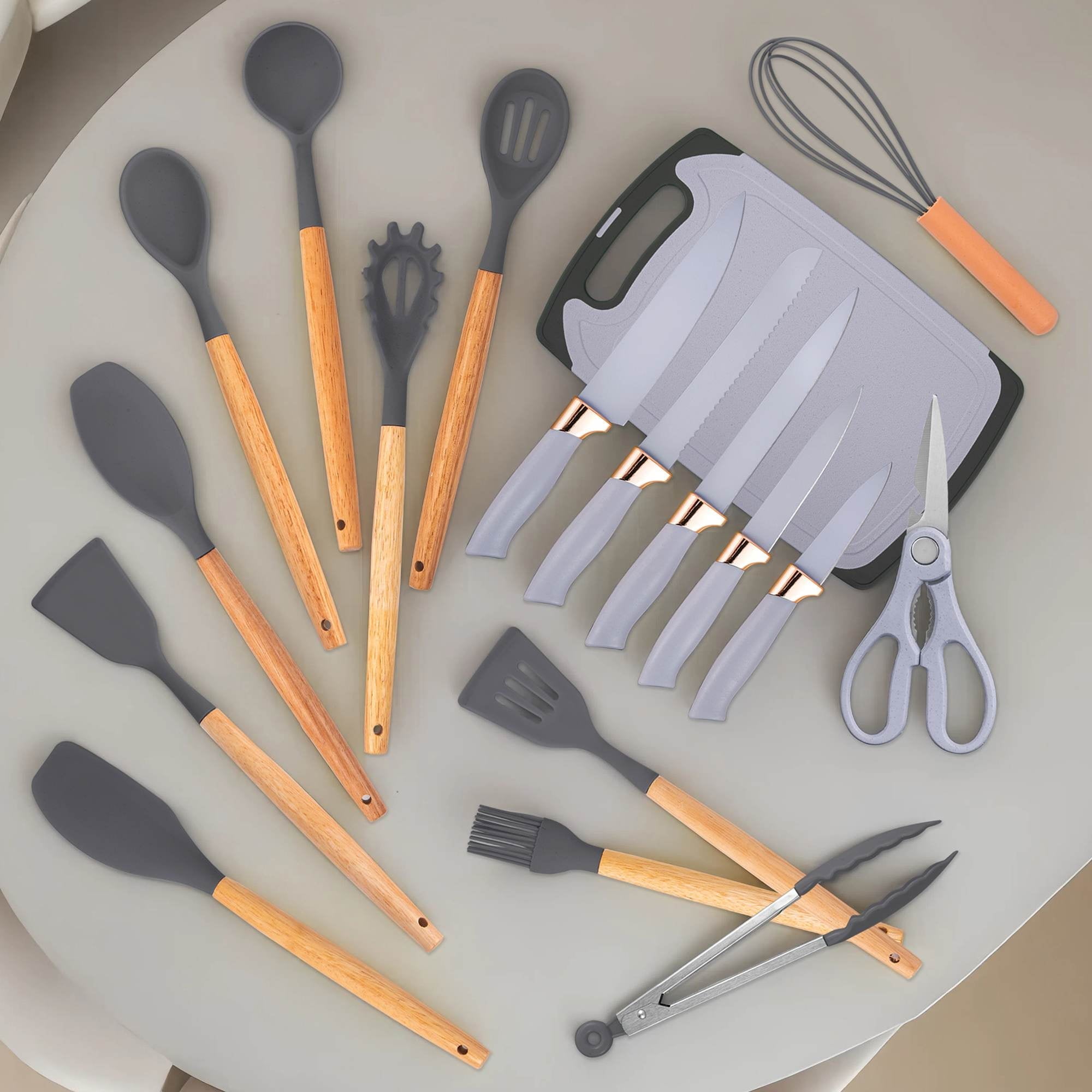 19-Piece Silicone Kitchen Utensil & Knife Set - Heat-Resistant Cooking Tools Non-Stick Safe Gift for Mom or Women Black