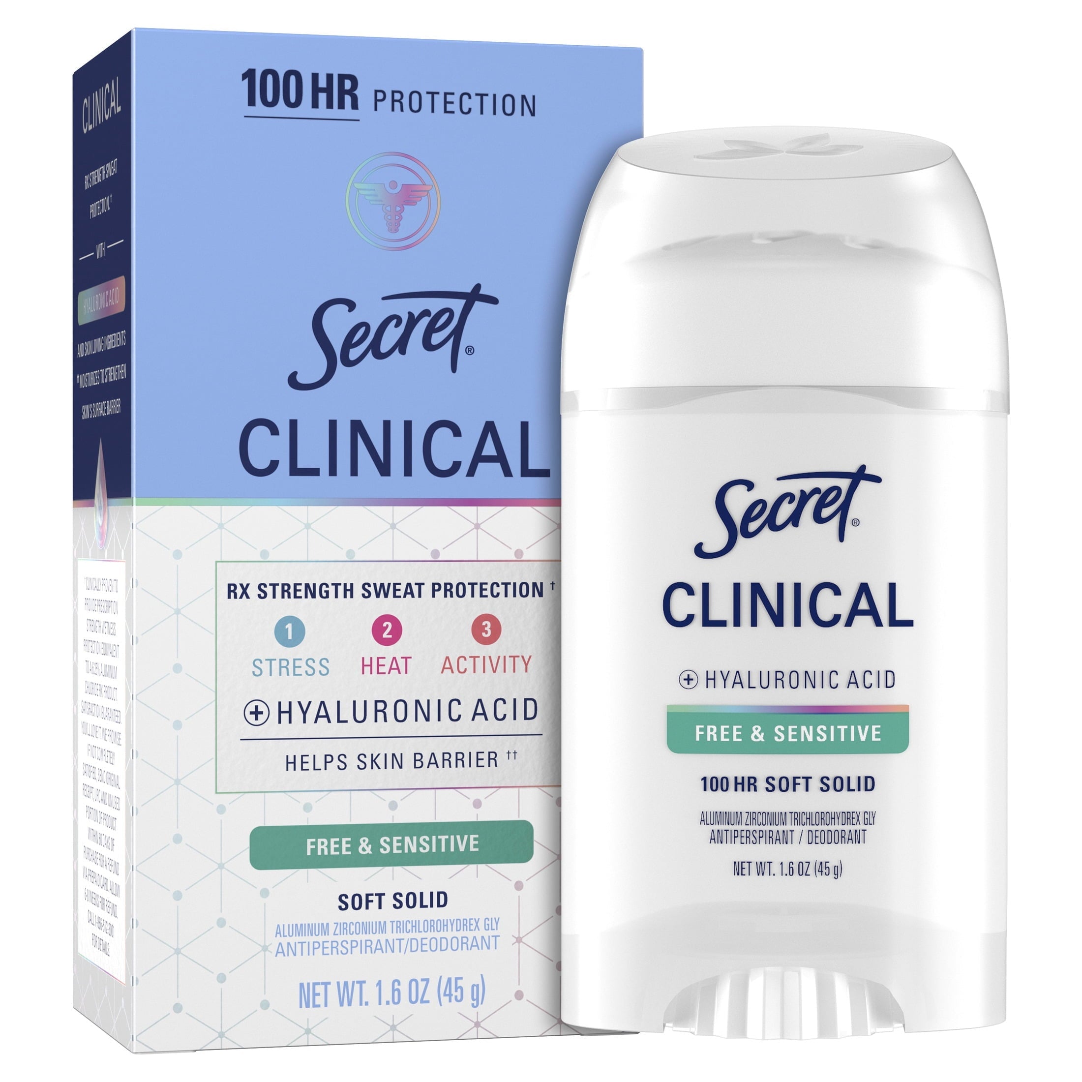 Clinical Antiperspirant Deodorant for Women, 100HR Sweat & Odor Protection, Hyaluronic Acid, Soft Solid, Free & Sensitive, 1.6 oz