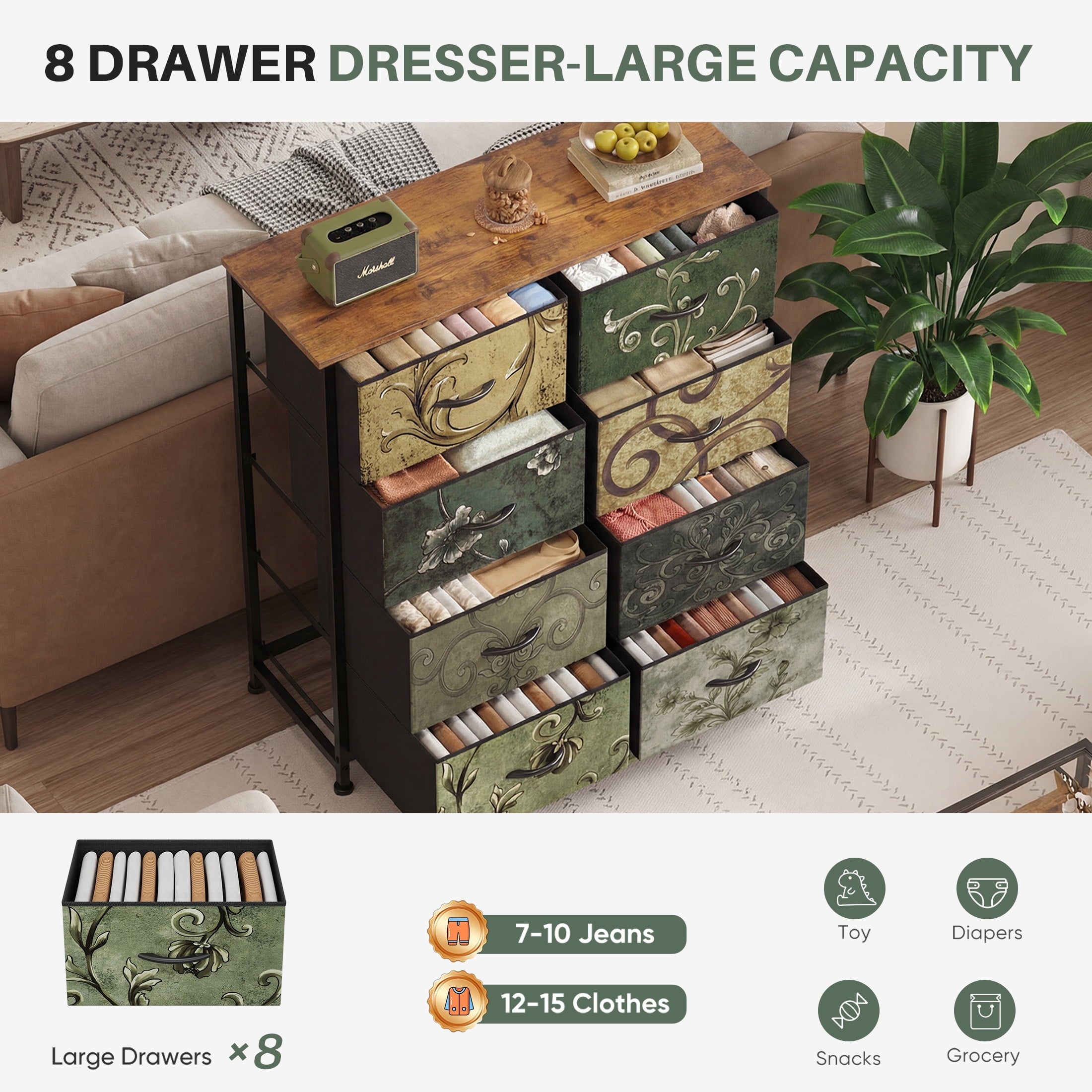 8-Drawer Fabric Dresser Storage Chest for Bedroom, Closet, Entryway, Storage Furniture for Adults, Black