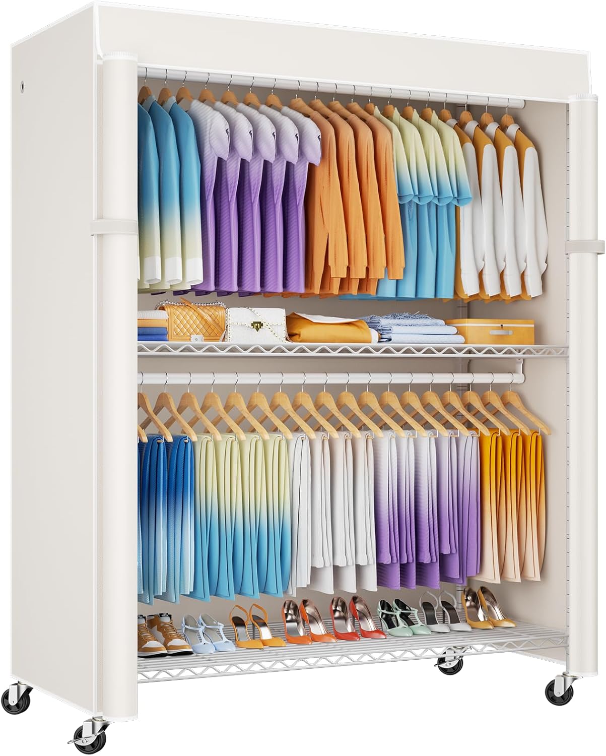 ULIFHOME P8C Max Heavy Duty Clothes RackWith Extended Width Design Rolling Clothing Racks for Hanging Clothes with Lockable Wheels51.2"W x 15.8"D x 80.5"HLoad 700LBSWhite Rack with White Cover