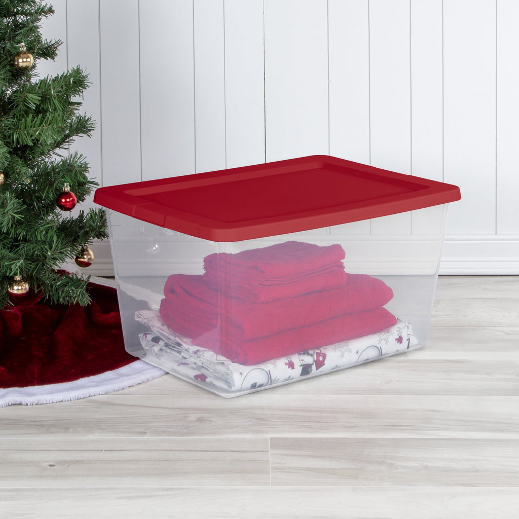 58 Quart Medium Storage Bin, Clear Plastic Storage Container with Snap-On Lid, White