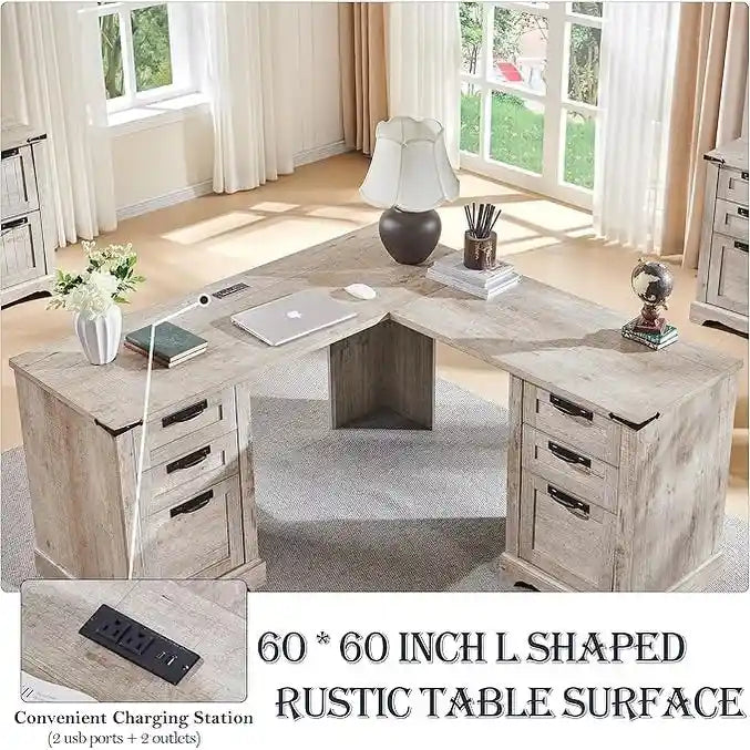 60 Farmhouse L Shaped Executive Desk, Wood Corner Desk, Computer Desk