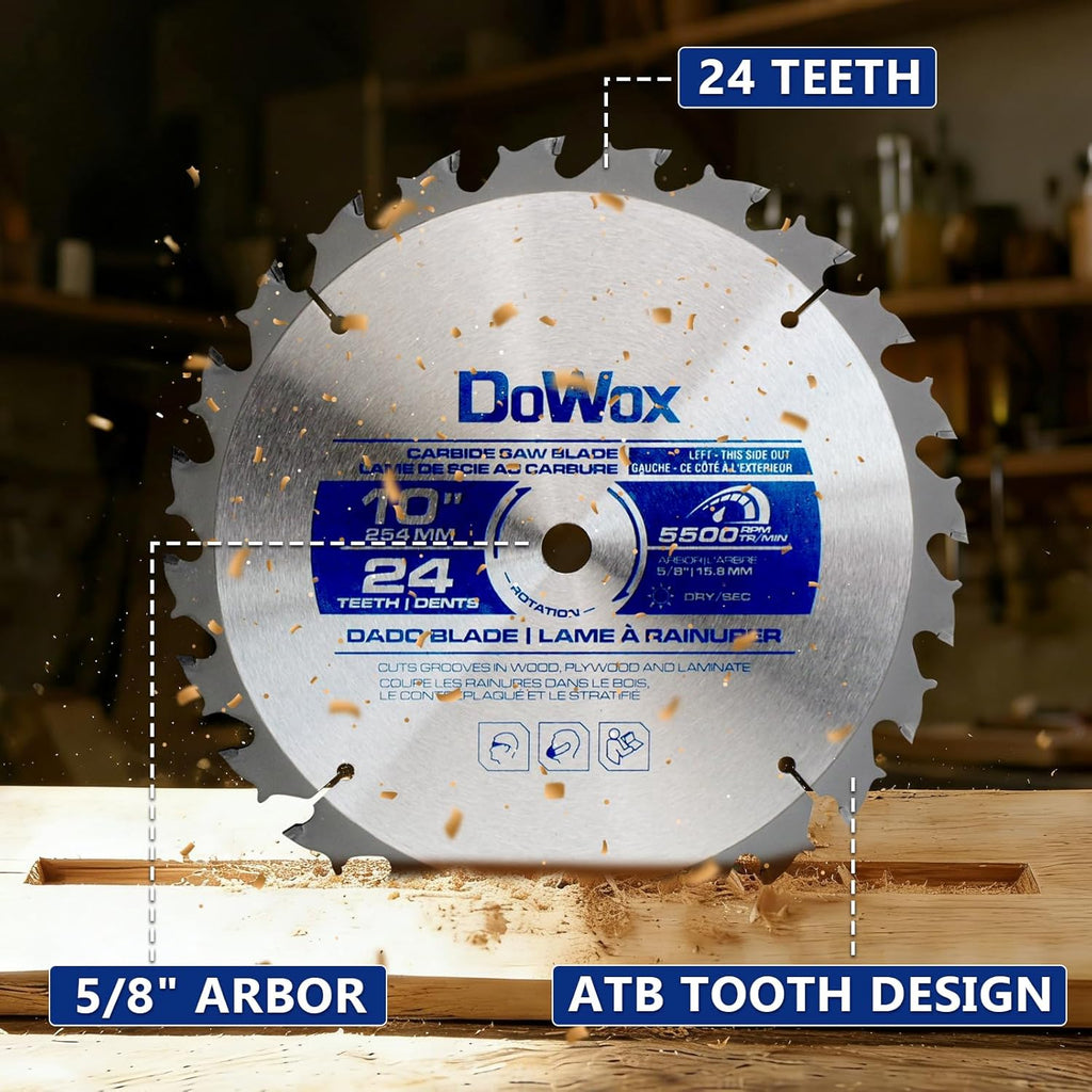 10" Carbide Stacked Dado Saw Blade Set, Pro Dado Set for Fine Finished Cuts, Grooves, Dados and Rabbets, 24 Tooth with 5/8" Bore, 23 Pieces
