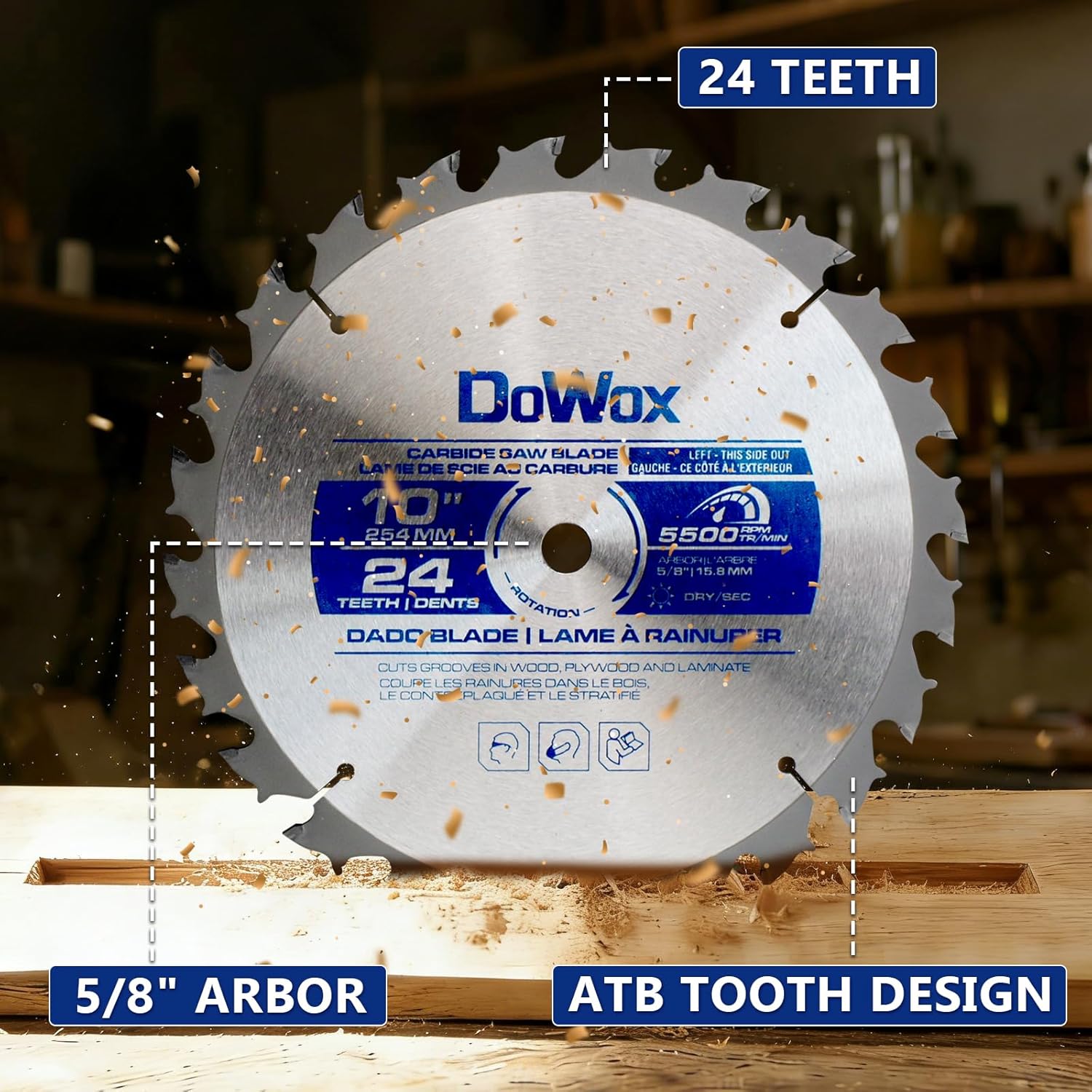 10" Carbide Stacked Dado Saw Blade Set, Pro Dado Set for Fine Finished Cuts, Grooves, Dados and Rabbets, 24 Tooth with 5/8" Bore, 23 Pieces