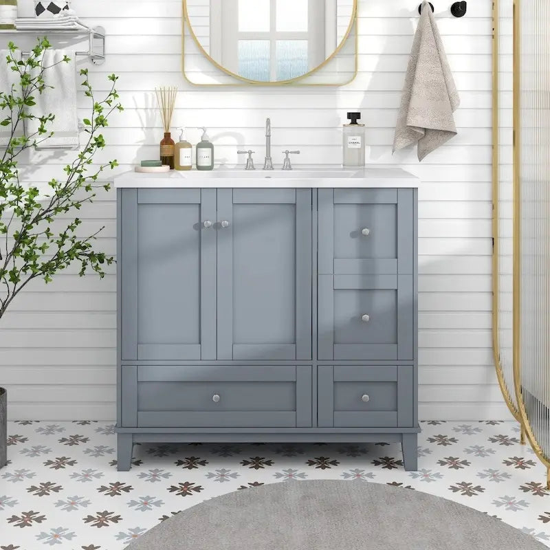 36 Inch Bathroom Vanity with USB Charging, Resin Sink, Solid Wood Frame, 3 Drawers Storage
