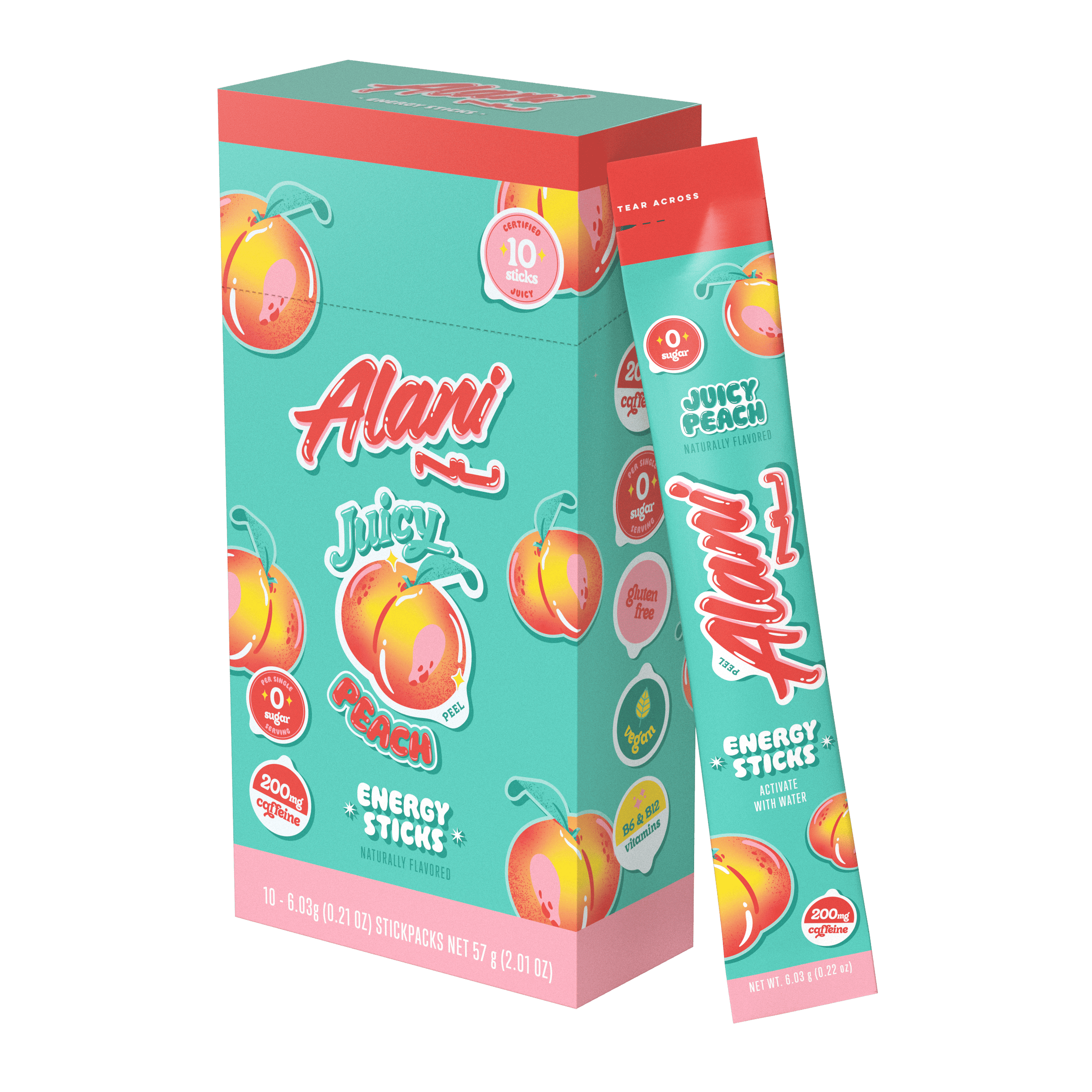 Energy Sticks, Juicy Peach, 10 Count, 200mg Caffeine, Zero Sugar