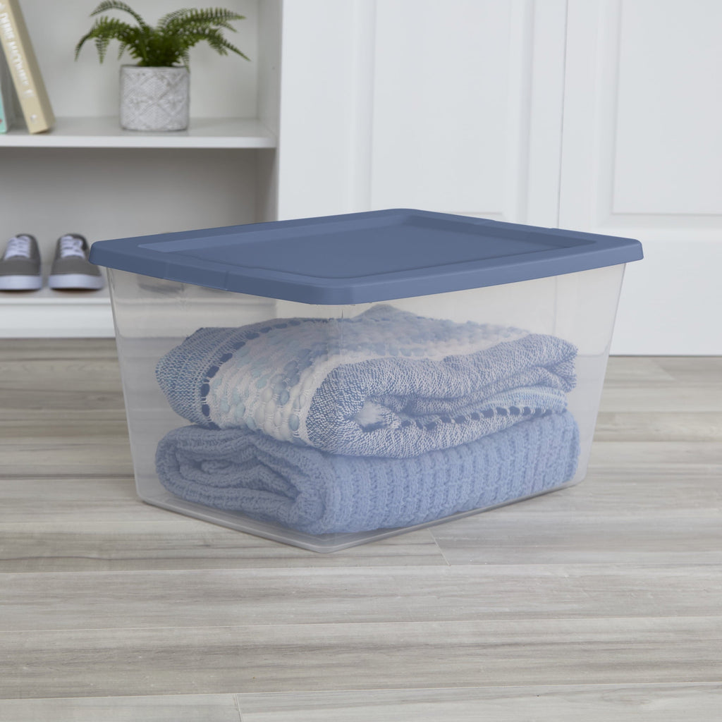 58 Quart Medium Storage Bin, Clear Plastic Storage Container with Snap-On Lid, White