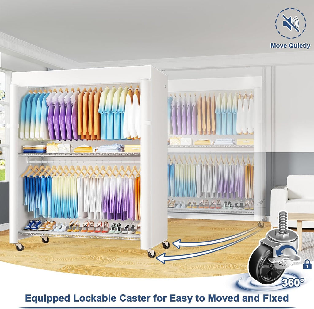 ULIFHOME P8C Max Heavy Duty Clothes RackWith Extended Width Design Rolling Clothing Racks for Hanging Clothes with Lockable Wheels51.2"W x 15.8"D x 80.5"HLoad 700LBSWhite Rack with White Cover