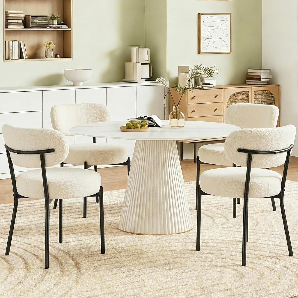 DUMOS Dining Chairs Set of 4, Mid Century Modern Chair Round Upholstered Curved Backrest, Kitchen Vanity Living Room Chairs with Black Metal LegsLight Beige