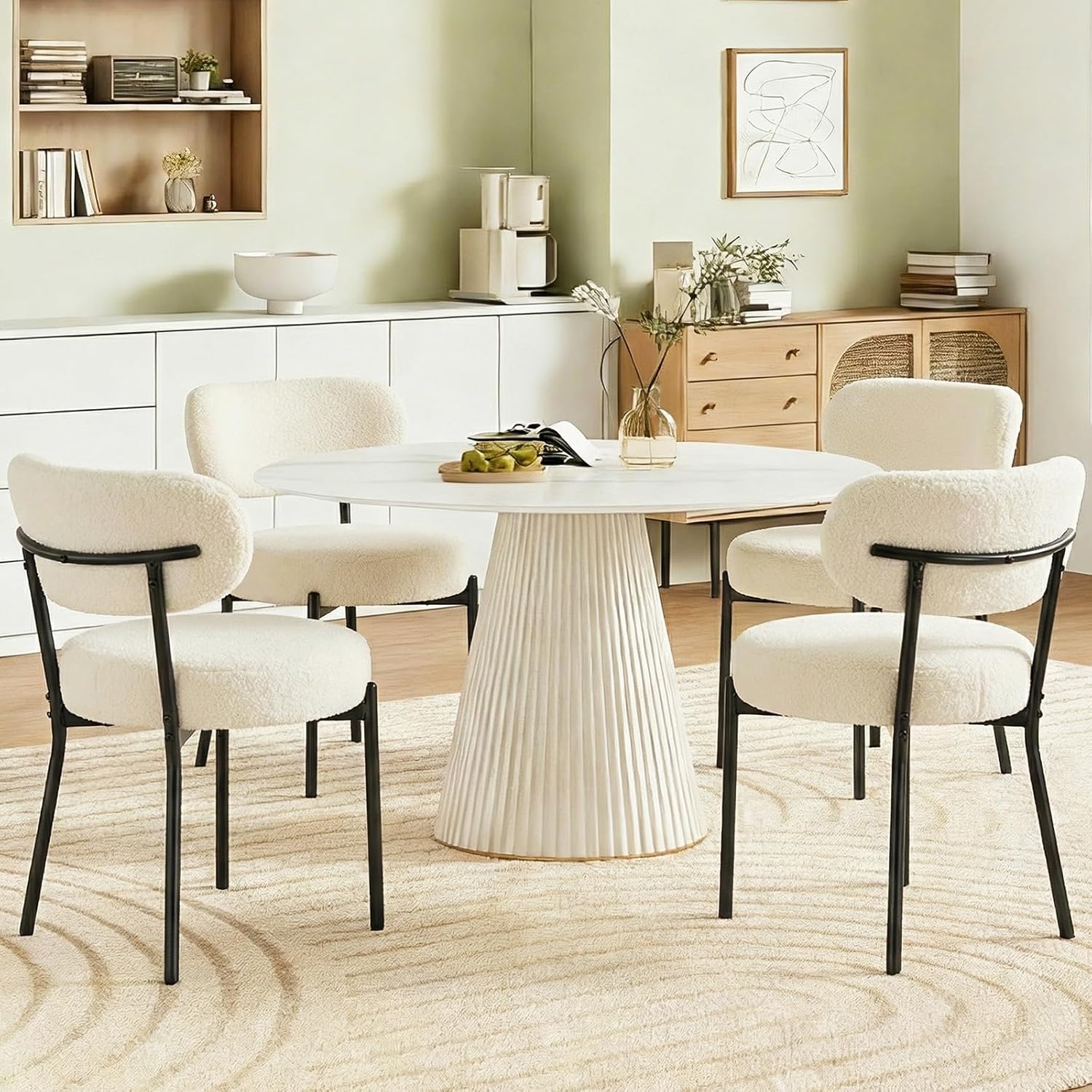 DUMOS Dining Chairs Set of 4, Mid Century Modern Chair Round Upholstered Curved Backrest, Kitchen Vanity Living Room Chairs with Black Metal LegsLight Beige
