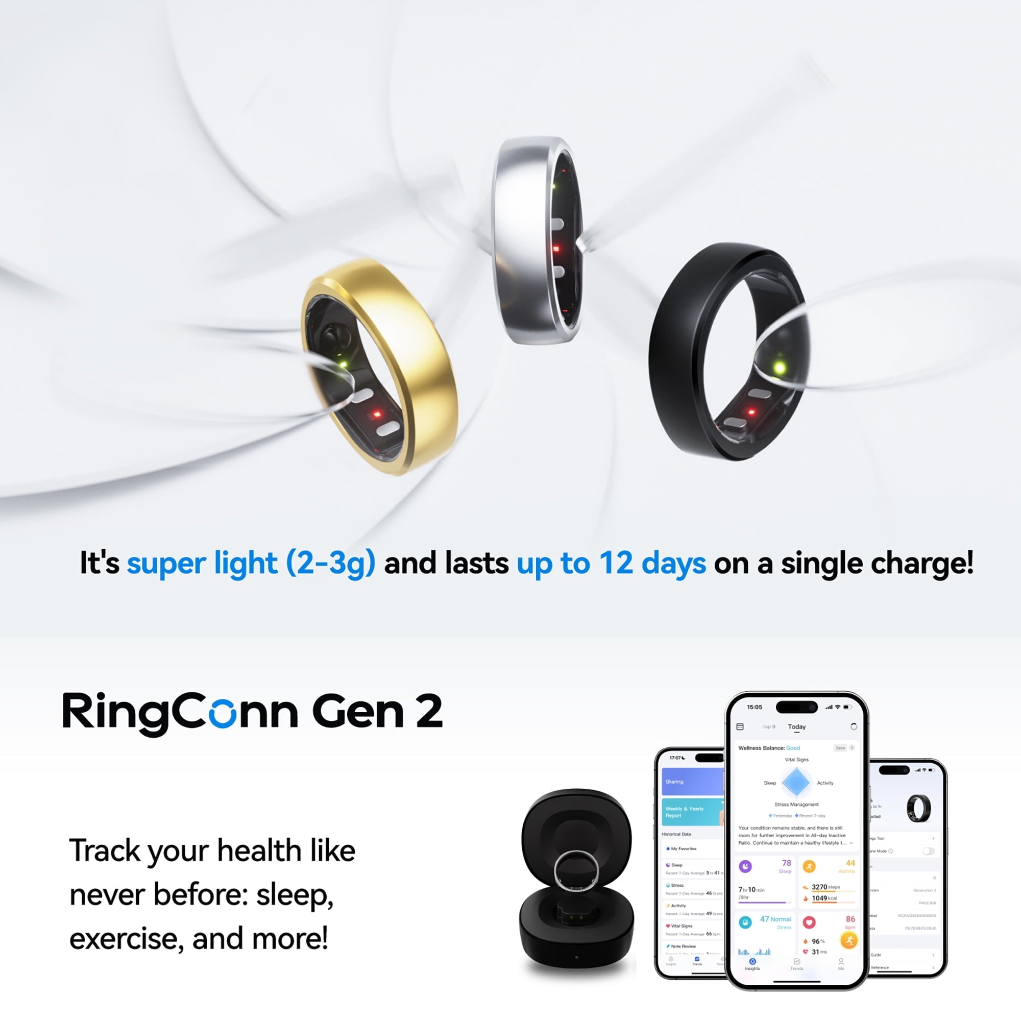 2 Ultra-Thin Smart Ring with Monitoring and Health Tracking (Size 11; Future Silver), 123031101