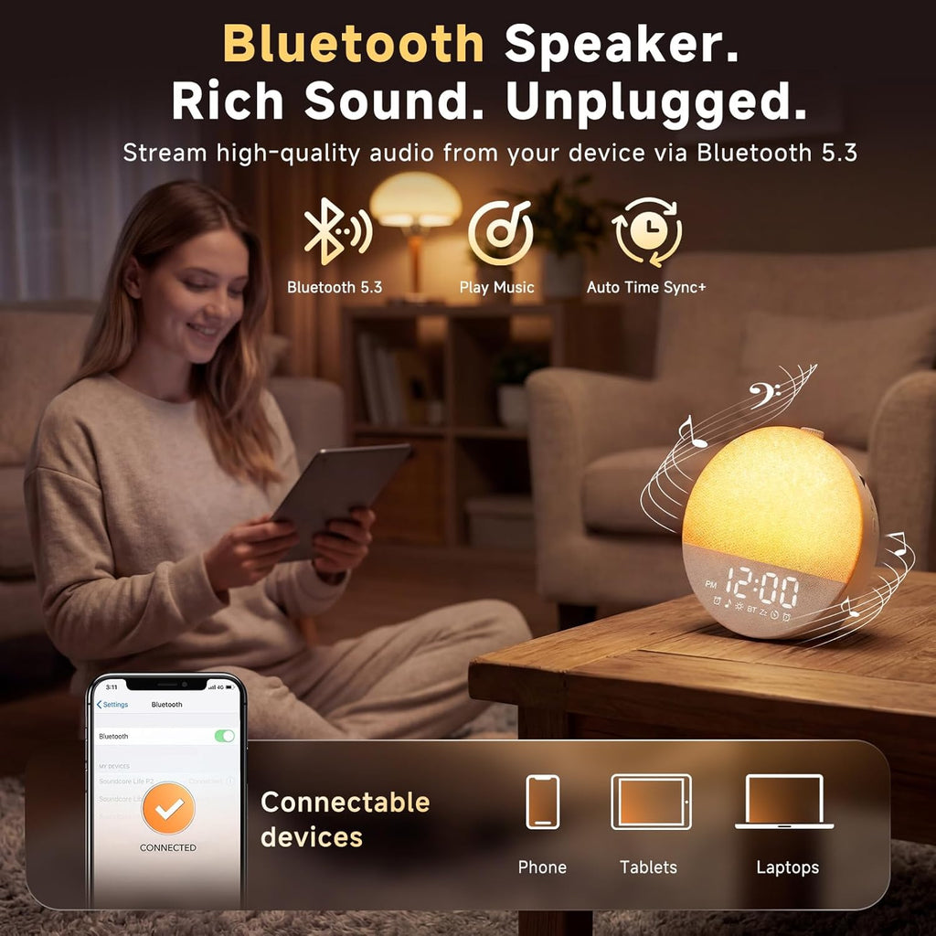 Geuuap Sunrise Alarm Clock White Noise Machine | Natural Wake-Up Light for Bedroom with 30 Soothing Sleep Aids, Bluetooth Speaker, Dimmable Clock, Screen-Free Design for Baby Adults Kids-Khaki