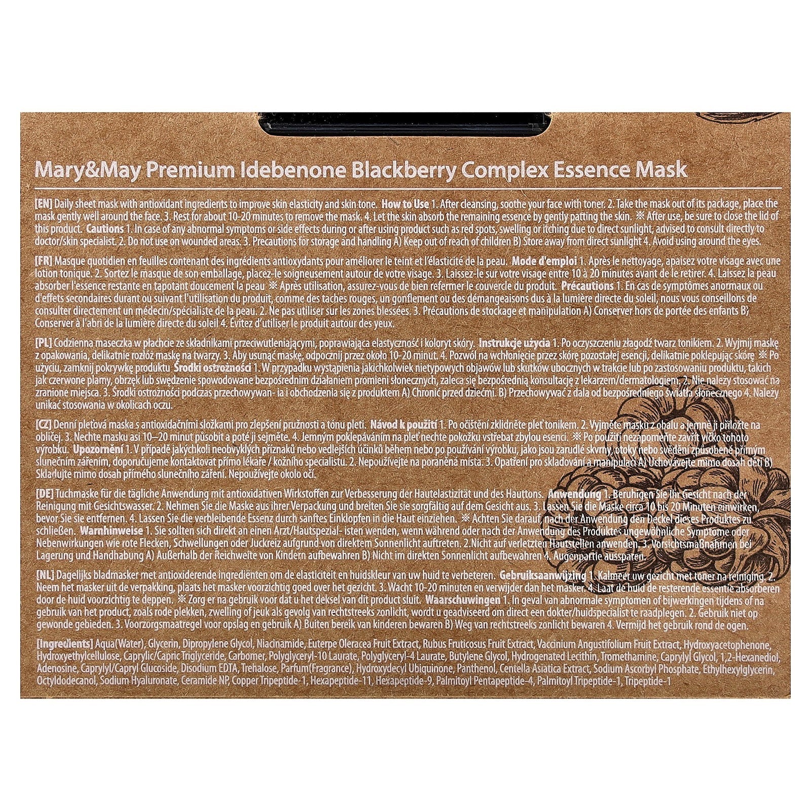 Mary & May Premium Idebenone Blackberry Complex, Essence Beauty Mask, 20 Sheets, 8.81 oz (250 g)