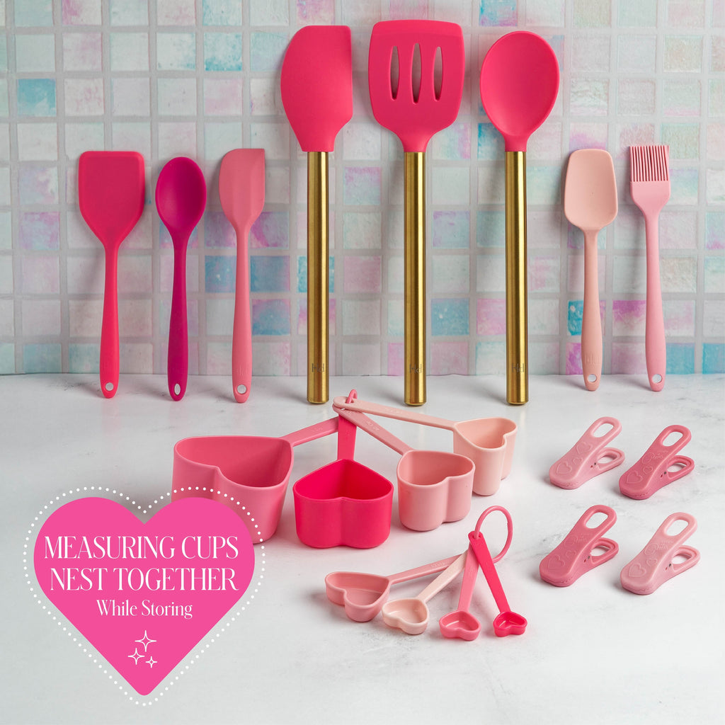 20-Piece Kitchen Gadget Set, Heart-Shaped Measuring Cups & Spoons, Silicone Tools & Bag Clips, , Pink
