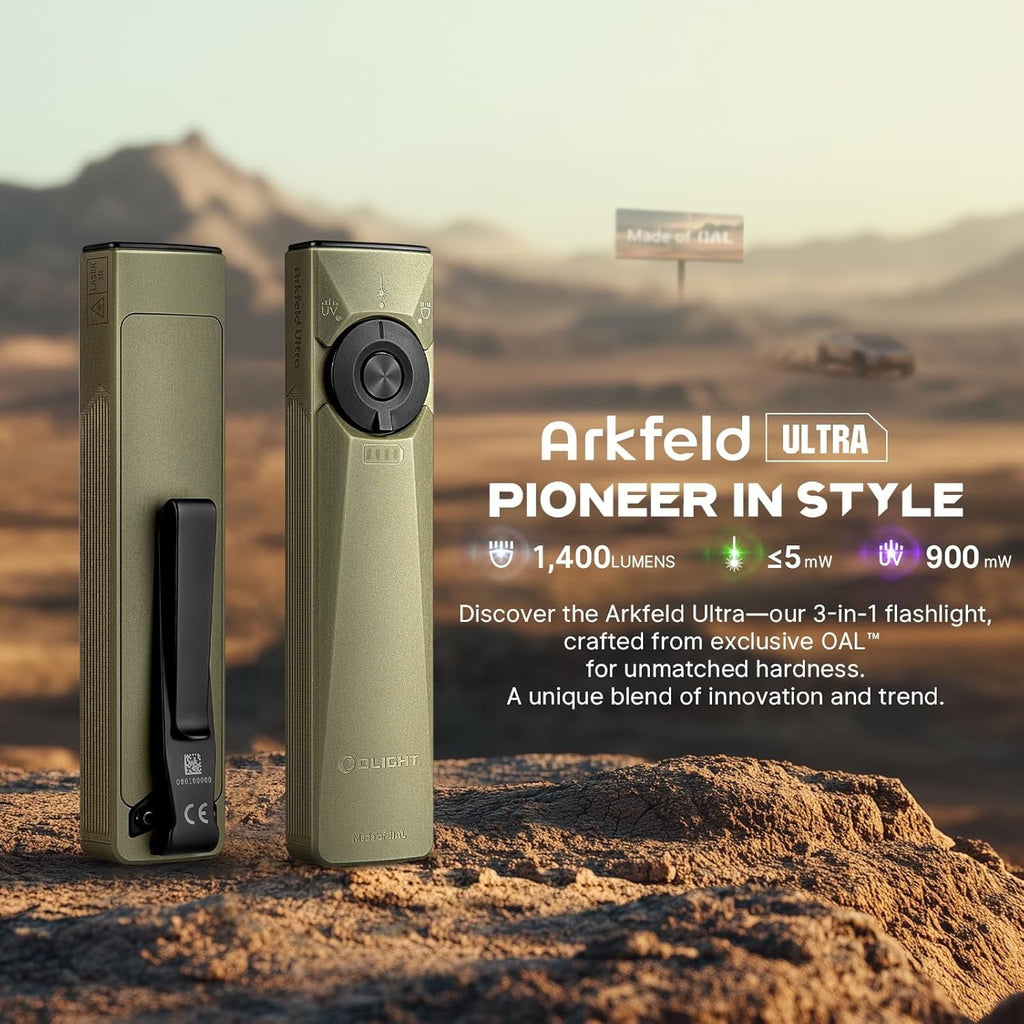 Arkfeld Ultra 1400 Lumens EDC Flat Flashlight, Rechargeable Compact Pocket Flash Light Combines White LED, UV and Green Beam, Triple Sources Perfect for Checking, Working (Olive-Green)