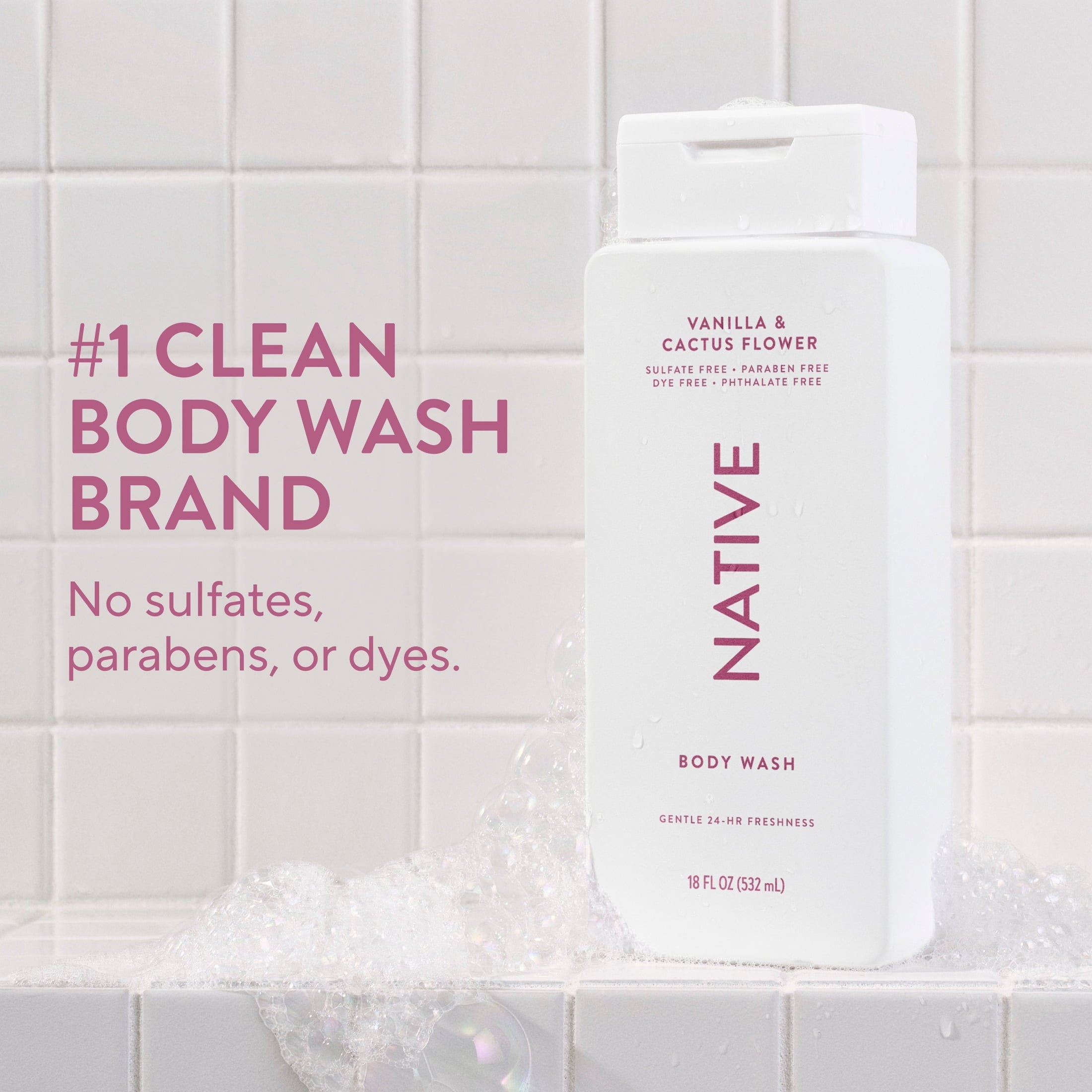 Body Wash, Vanilla & Cactus Flower, Sulfate Free, Naturally Derived Ingredients, 24hr Freshness, for Women & Men, 18 fl oz