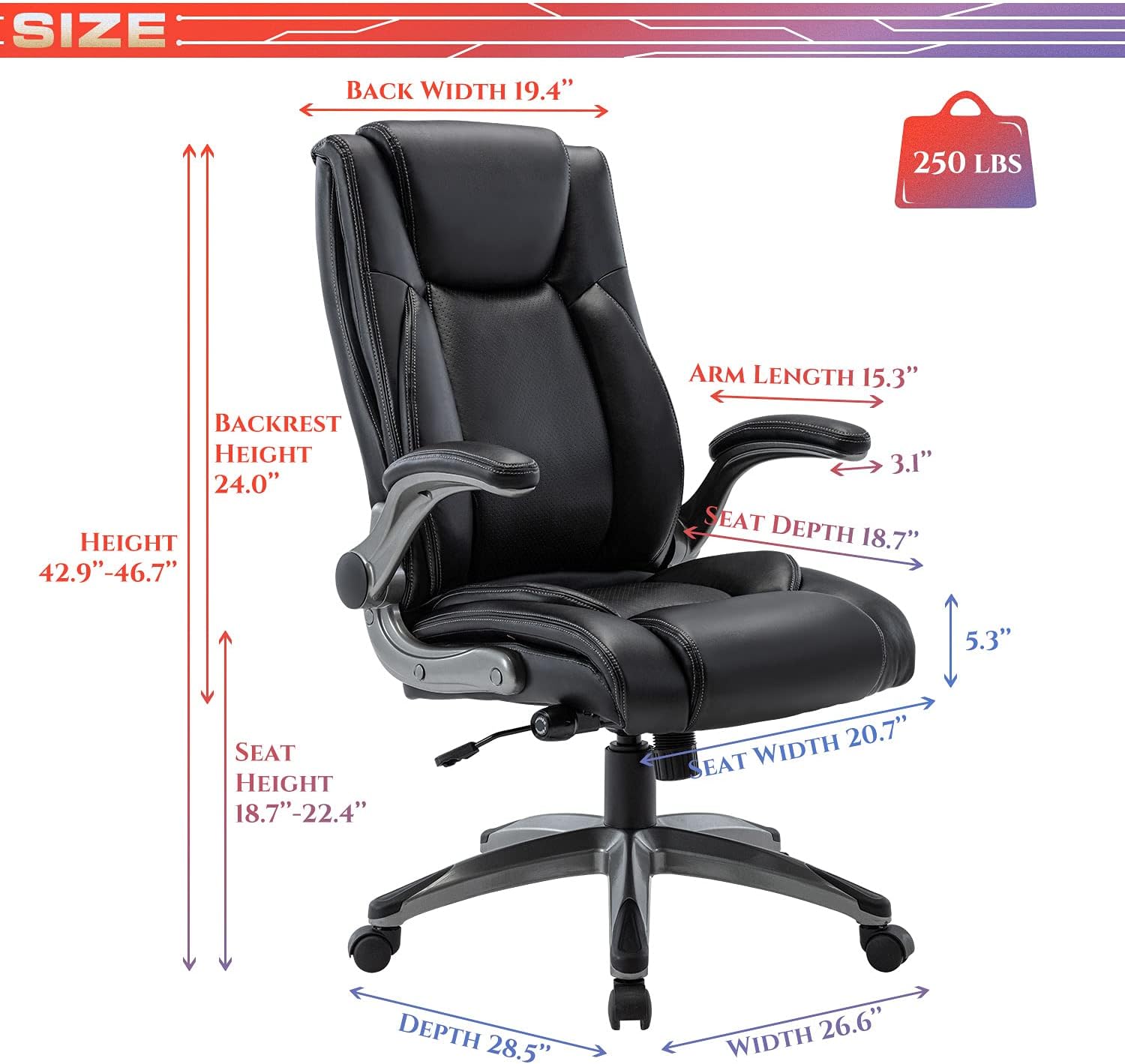 COLAMY Ergonomic Office Chair, High Back Leather Desk Chair with Adjustable Lumbar Knob, Thick Cushion Seat, Flip-up Armrests, Rocking Function, Computer Chair for Home Office, Black
